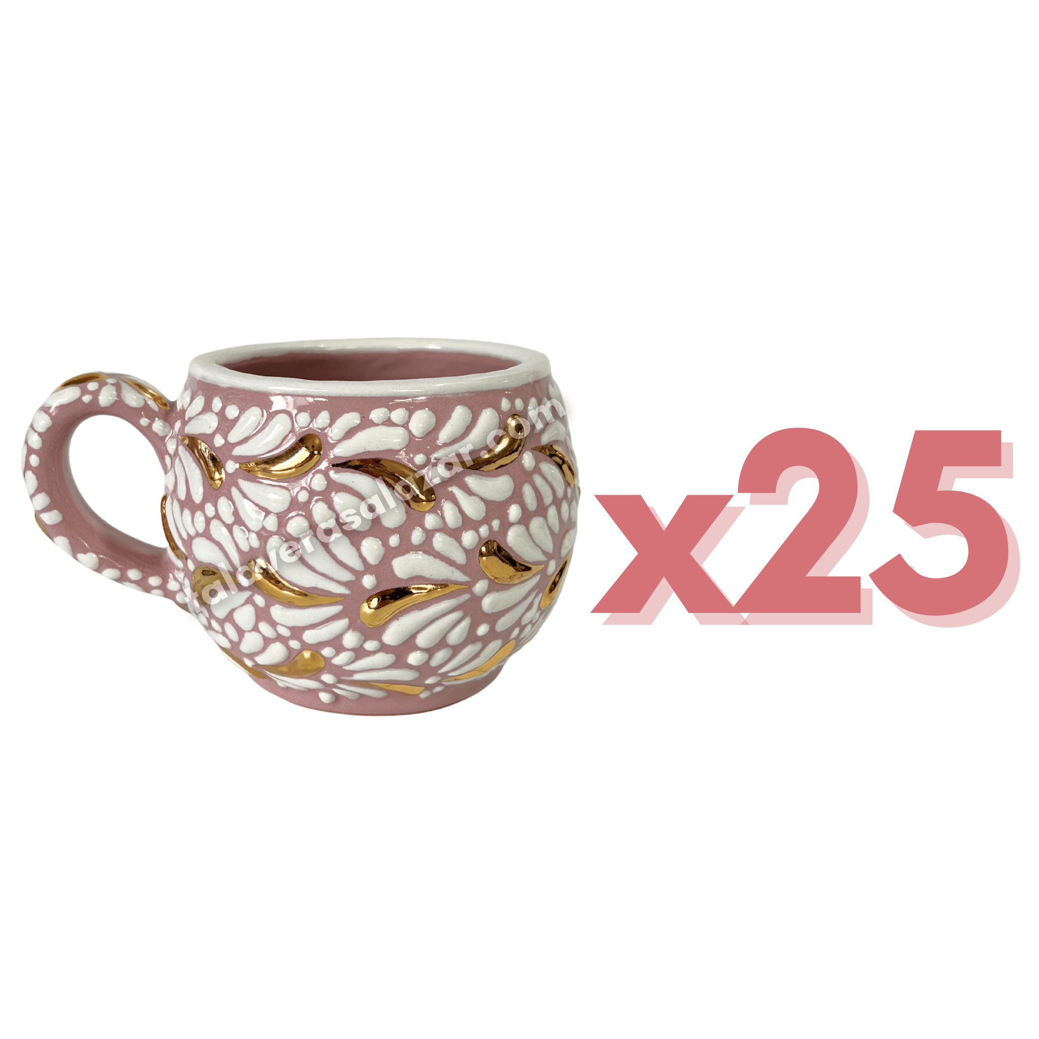 TAZA CHOCOLATERA GRANDE FONDO ROSA MIK BLANCO DESTELLO DE ORO