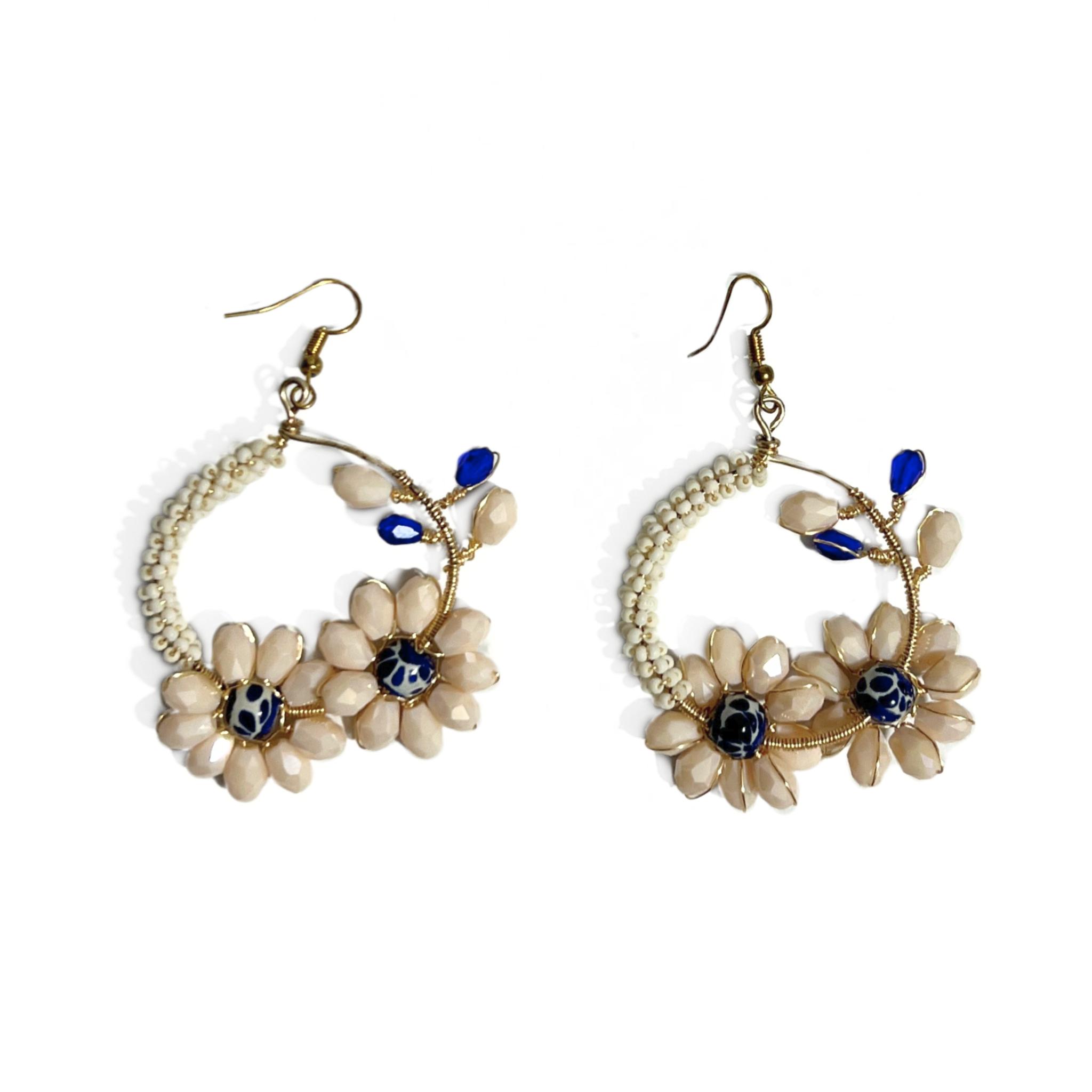 ARETES CRISTAL CORTADO BLANCO ESFERA FONDO TRADICIONAL DECORADO AZUL COBALTO