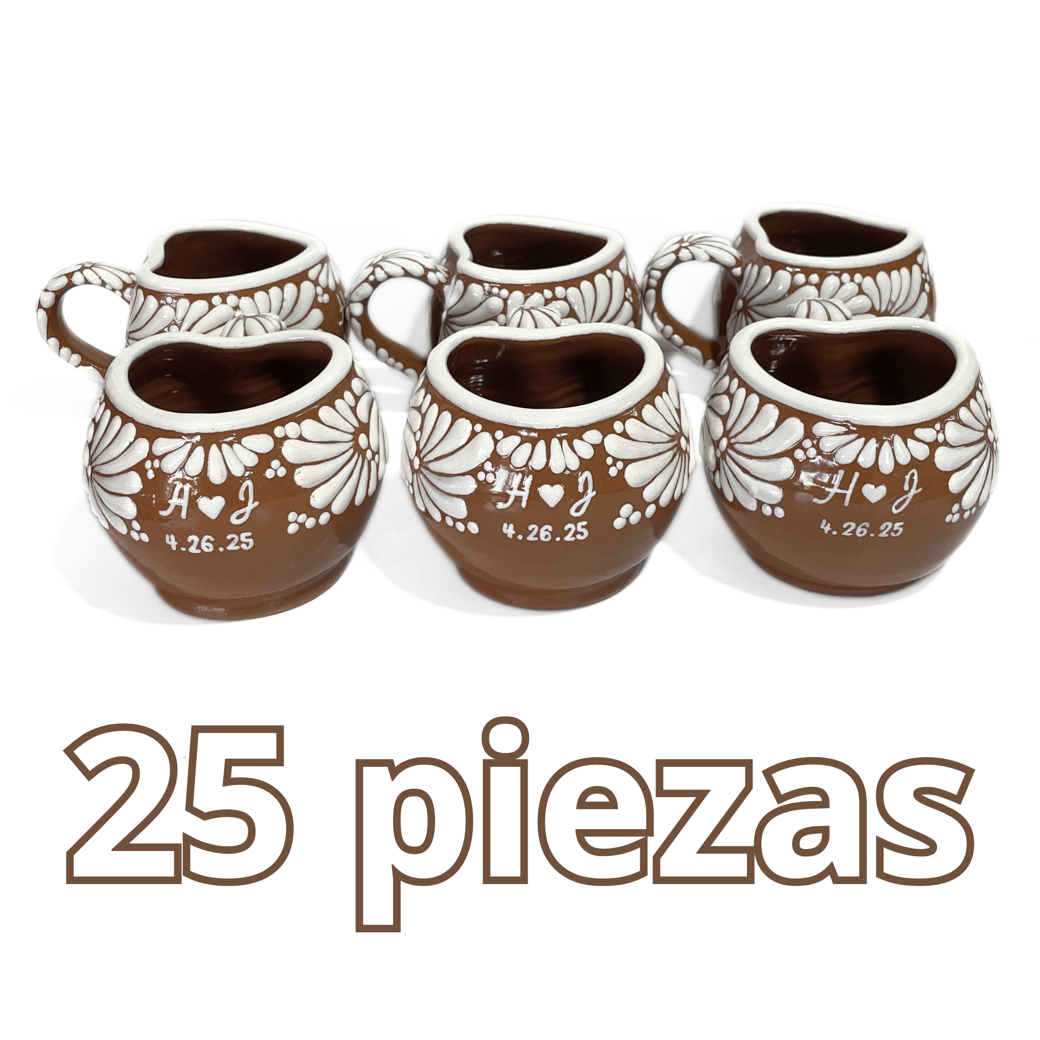 PAQUETE TAZA CHOCOLATERA MEDIANA  FONDO CAFE MIK CENEFA BLANCO INICIALES CORAZON Y FECHA