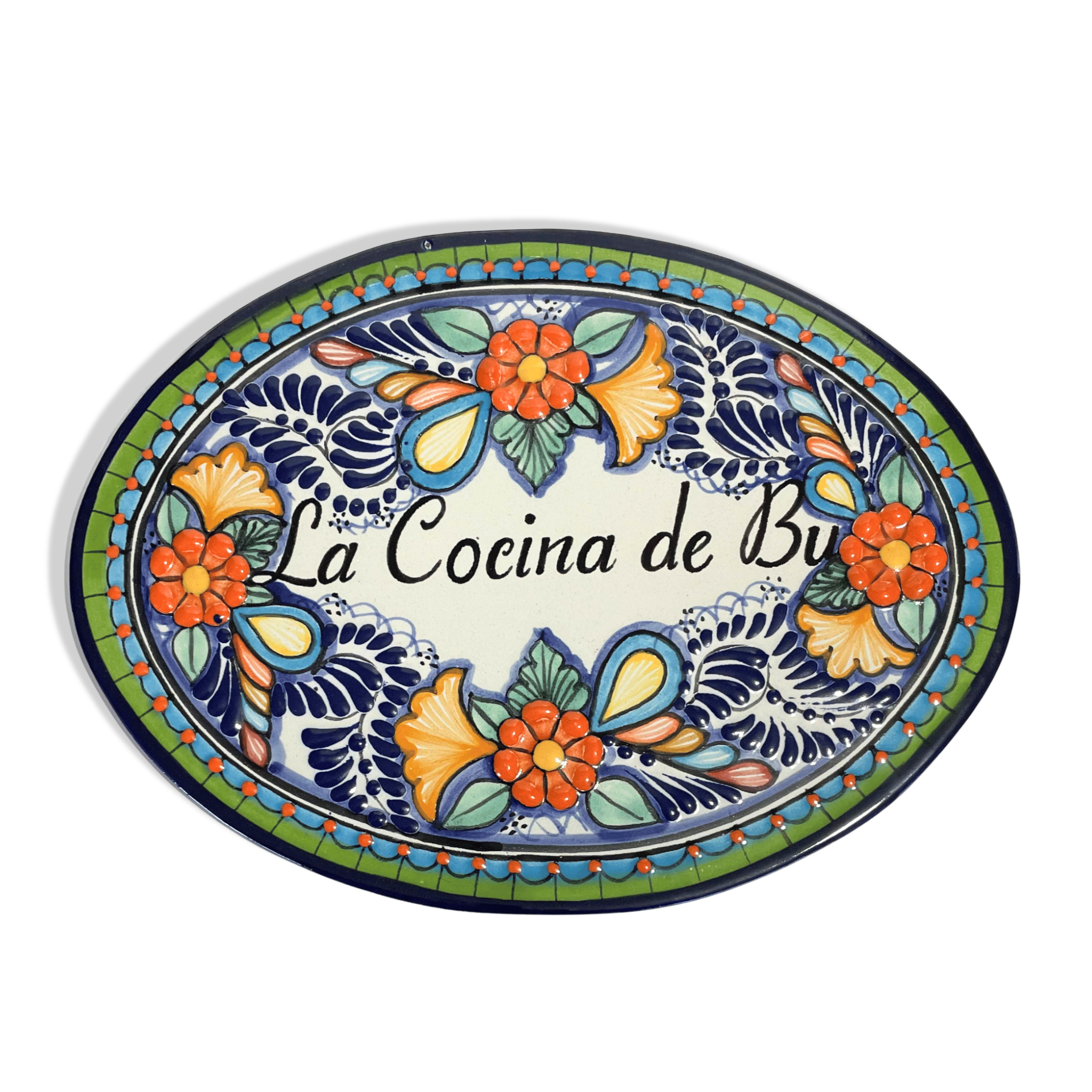PLACA OVALADA FONDO TRADICIONAL DECORADO ESTILO PUEBLA