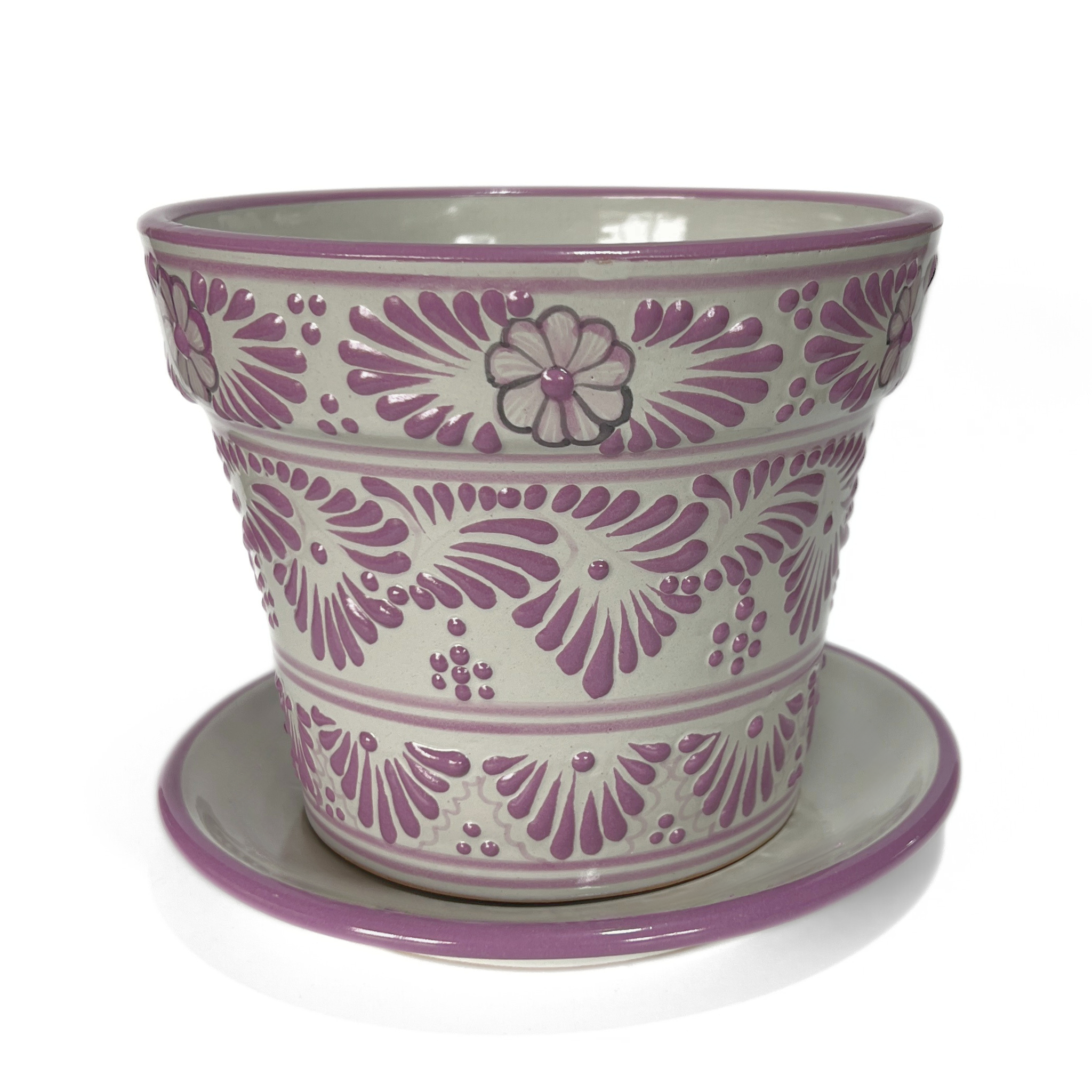 MACETA LISA FONDO TRADICIONAL CENEFA FLORES MORADO 16 CM