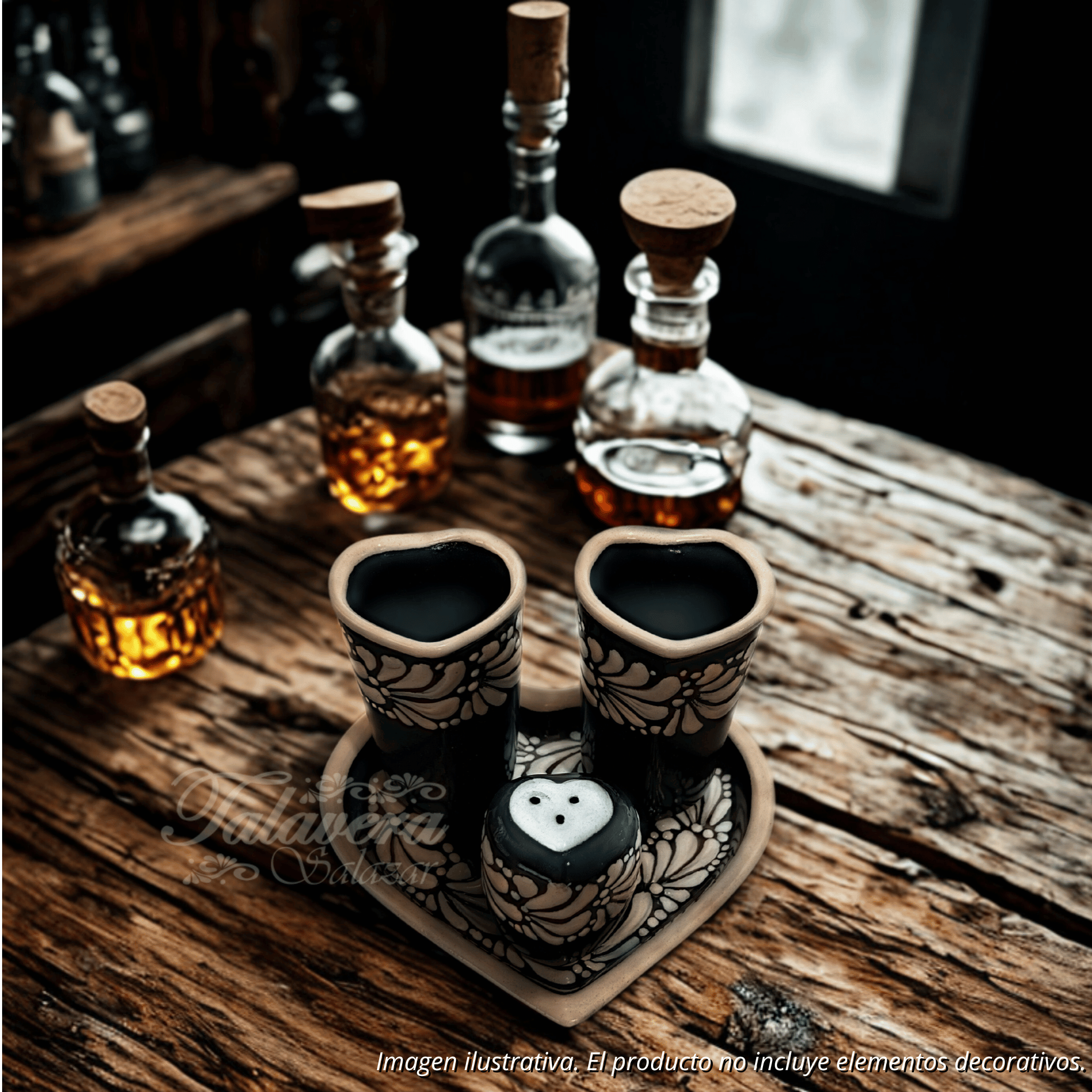 SET TEQUILERO CORAZON 4 PIEZAS FONDO NEGRO MIK CENEFA BLANCO
