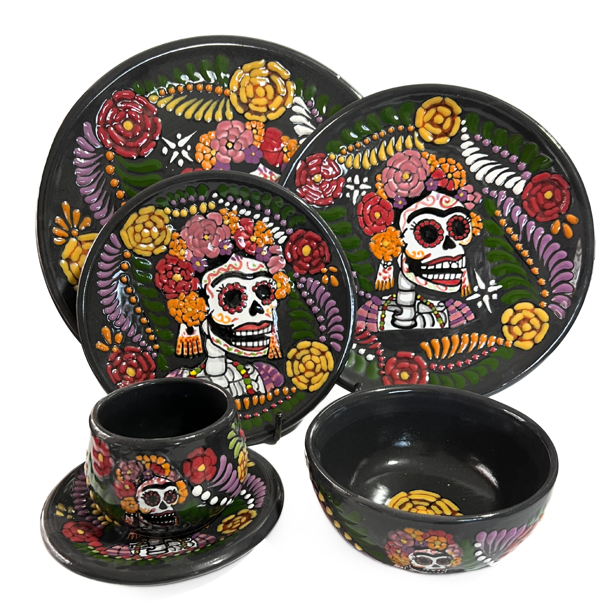 VAJILLA 6 PIEZAS FONDO NEGRO ROSALES DOÑITA MEXICANITA