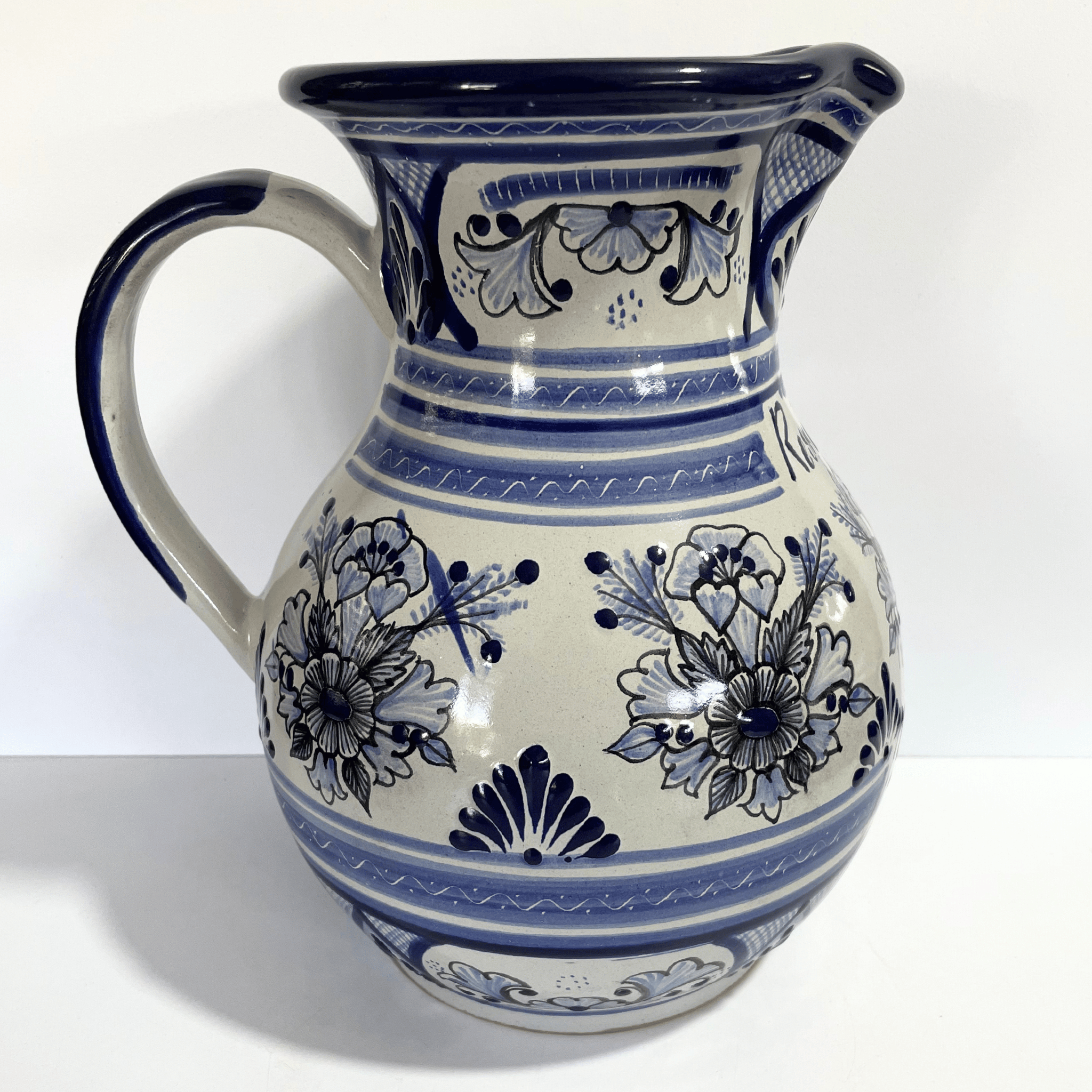 JARRA PERSONALIZADA FONDO TRADICIONAL DECORADO FLORES AZUL COBALTO APELLIDOS