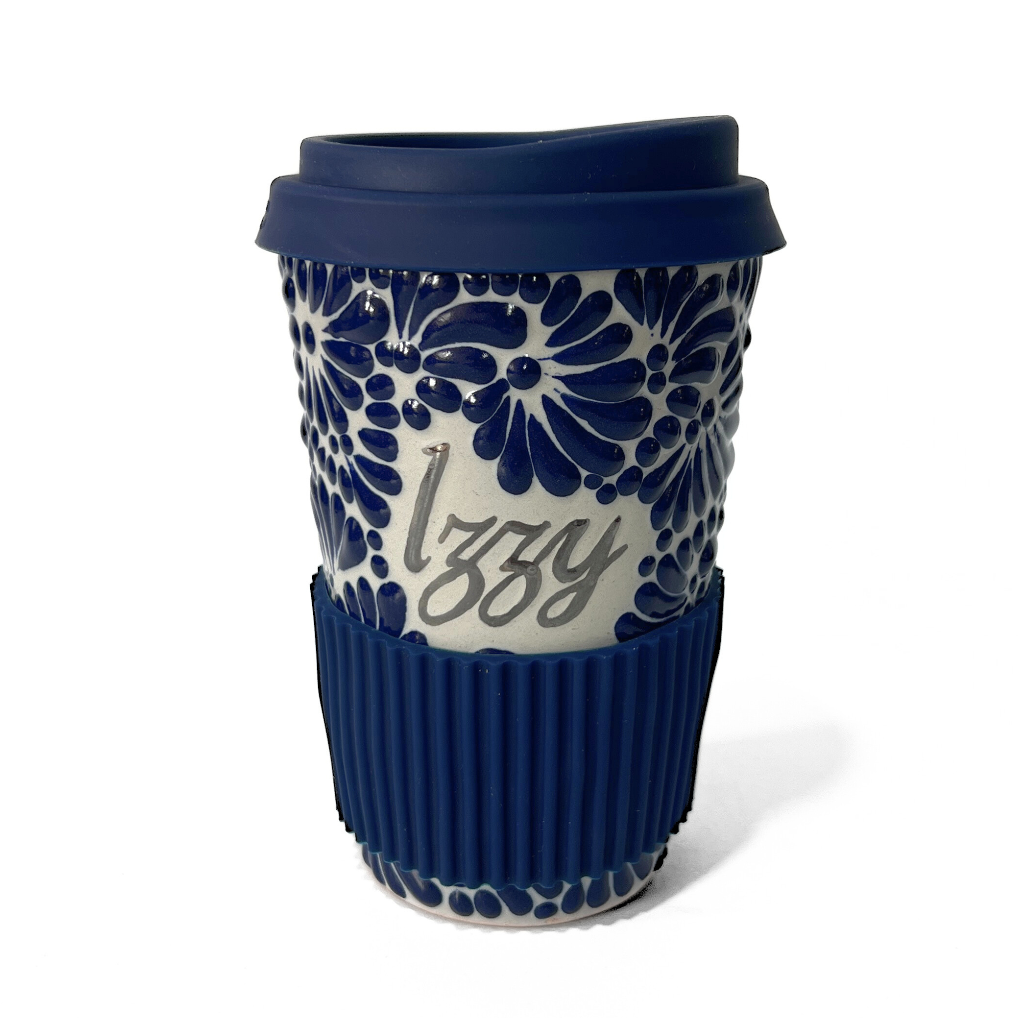 TERMO PERSONALIZADO 15 CM SIN ASA FONDO TRADICIONAL MIK AZUL COBALTO NOMBRE PLATA