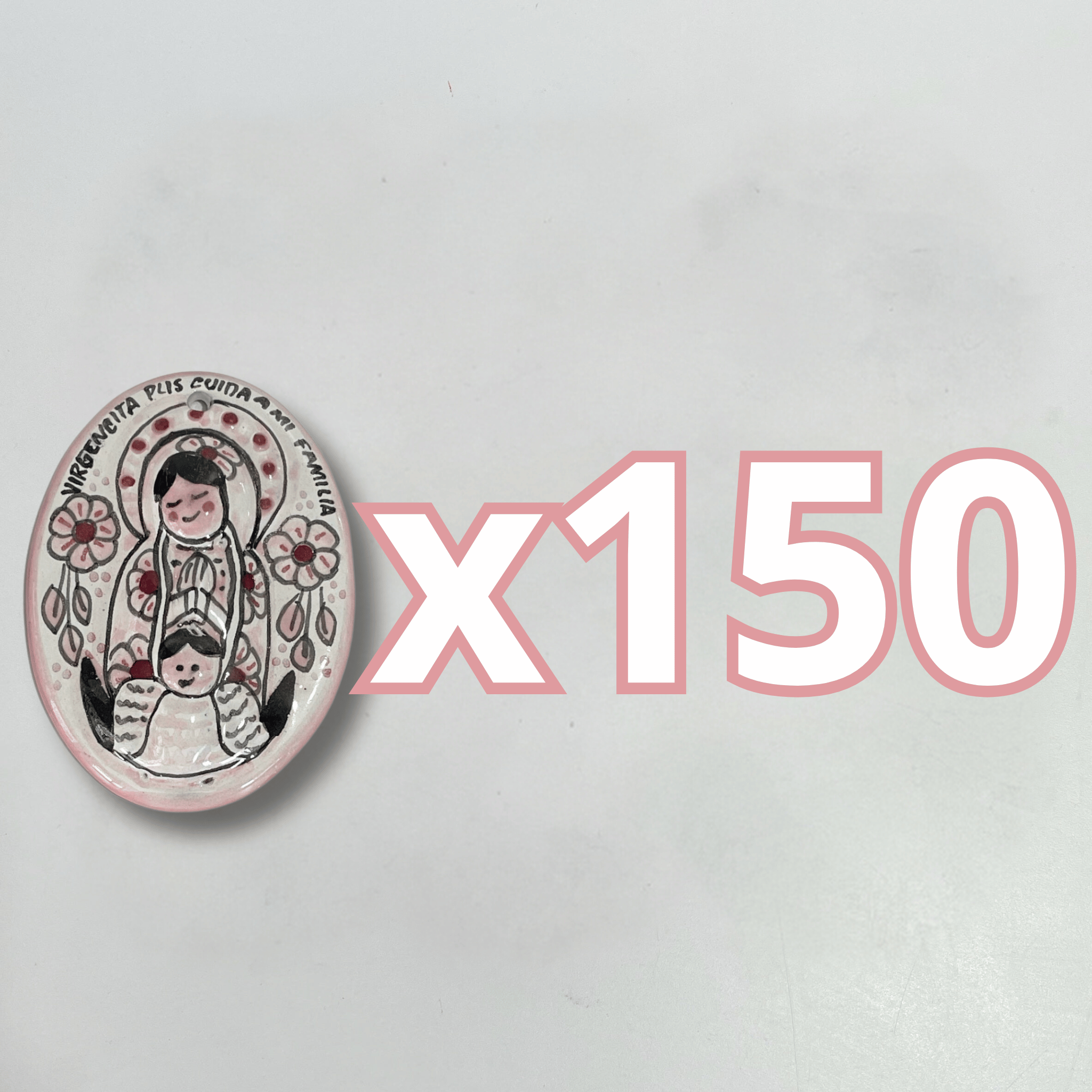 PAQUETE VIRGEN 10 CM FONDO BLANCO DECORADO ROSA NO INCLUYE PERSONALIZADO