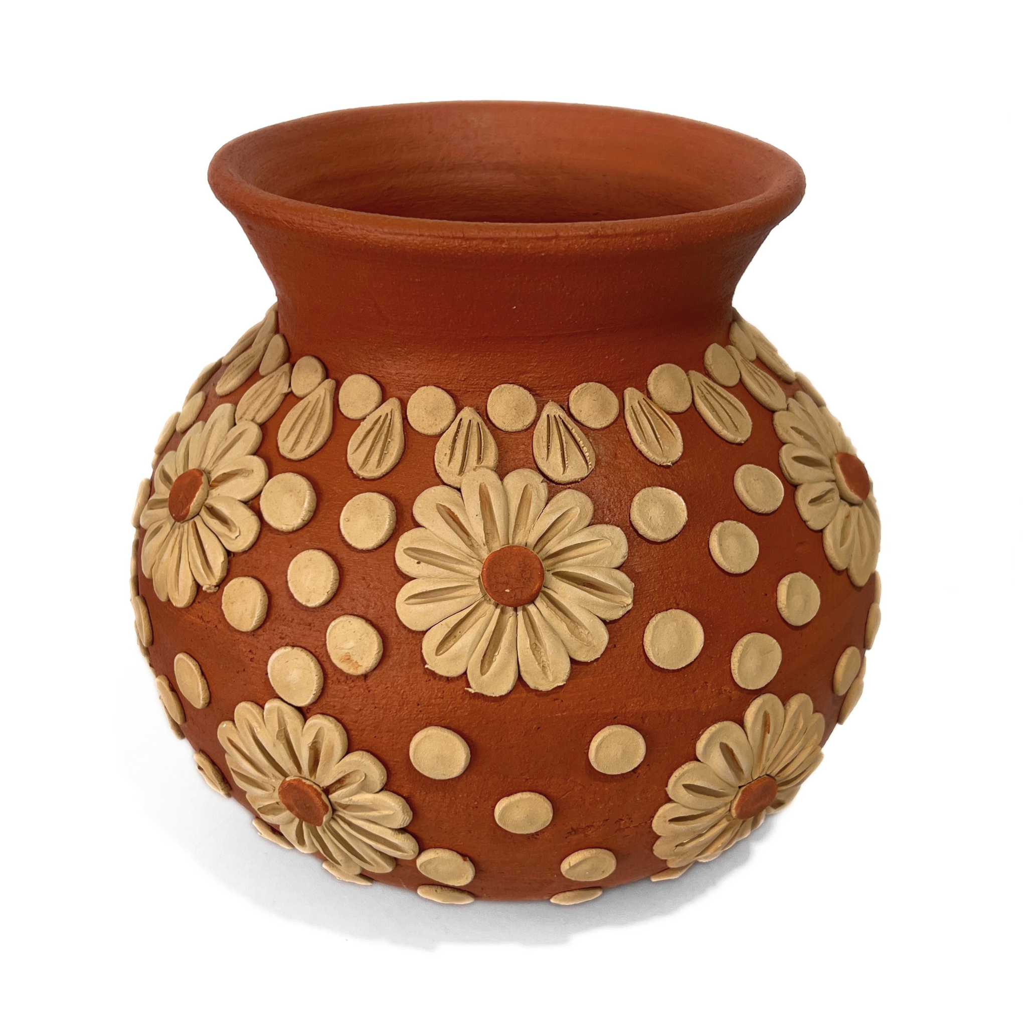 OLLA FLORES Y PUNTOS BARRO ROJO Y BLANCO BORDADO