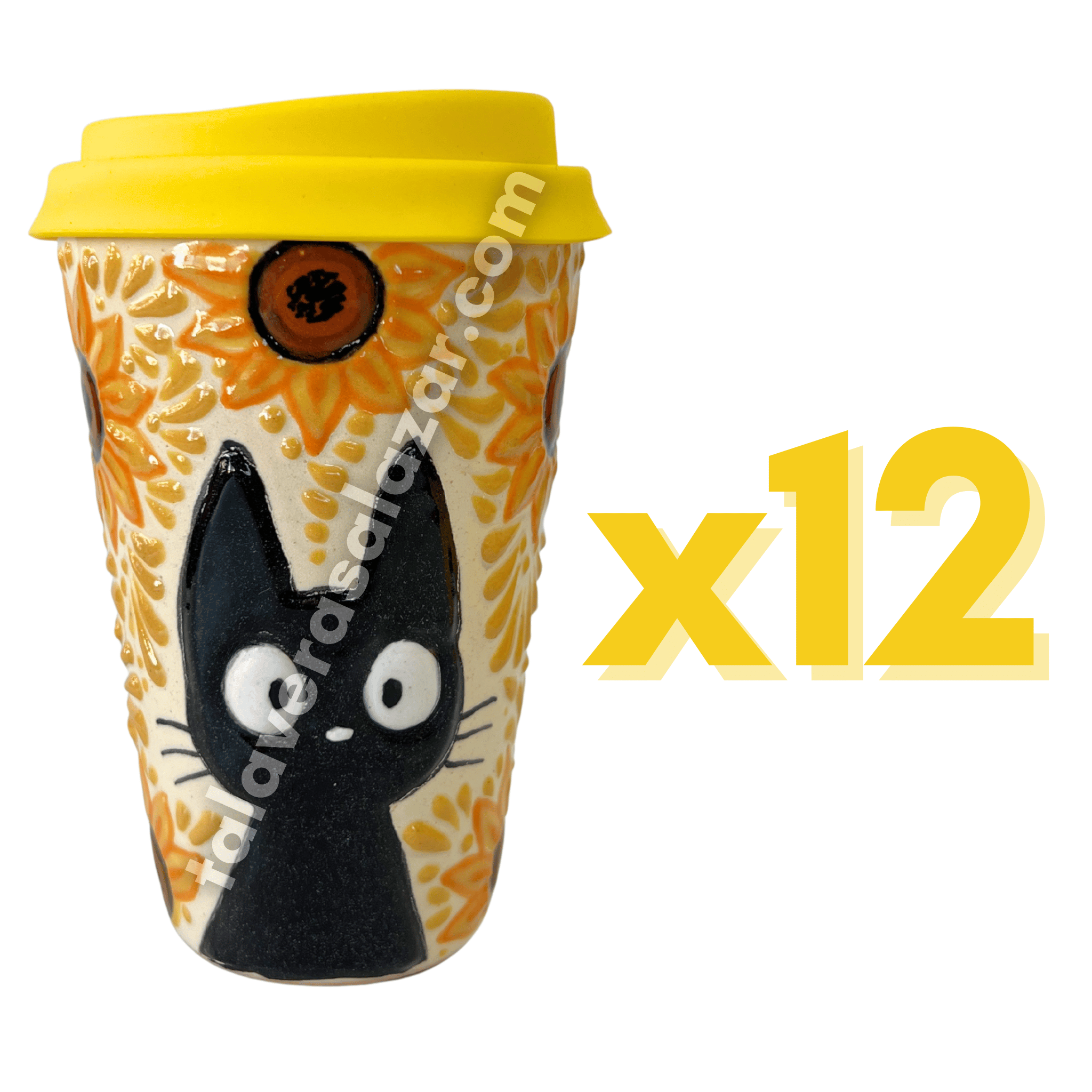 TERMO 15 CM SIN ASA FONDO TRADICIONAL MIK AMARILLO HUEVO GATO NEGRO CON GIRASOLES