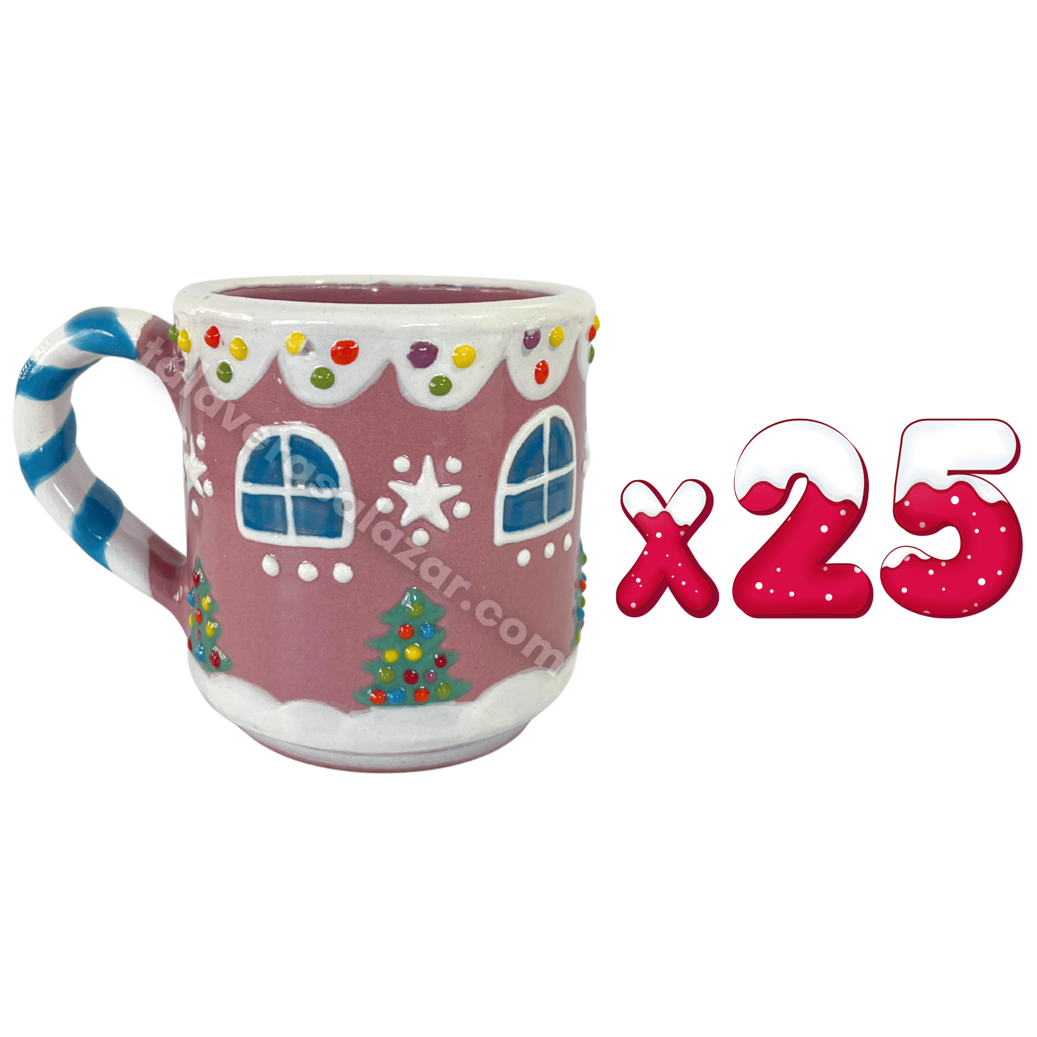 TAZA RECTA GALLETA DE JENGIBRE FONDO ROSA CON ASA BASTÓN TURQUESA