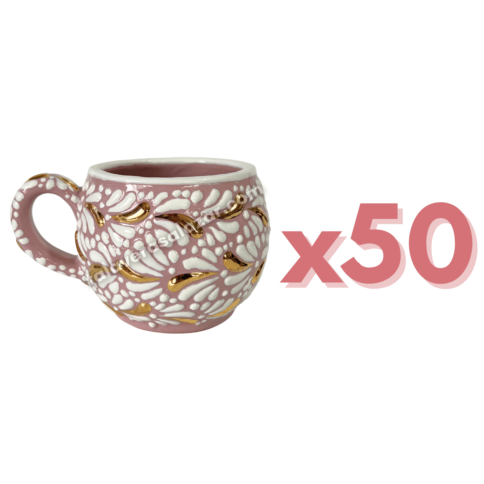 TAZA CHOCOLATERA GRANDE FONDO ROSA MIK BLANCO DESTELLO DE ORO