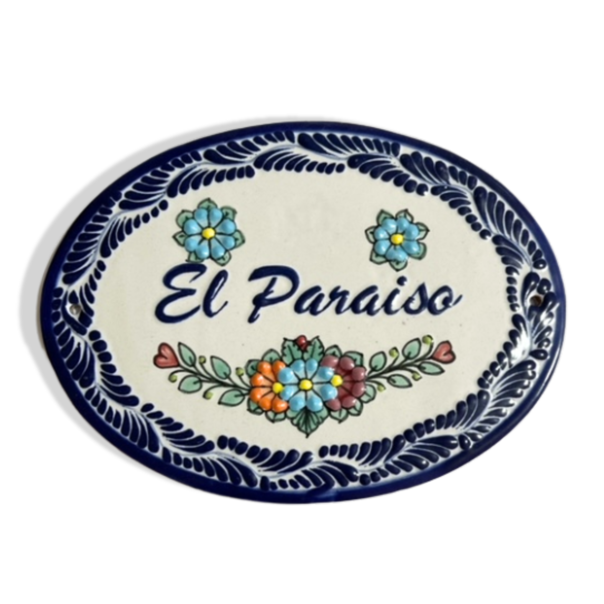 PLACA OVALADA AZUL COBALTO FLORES