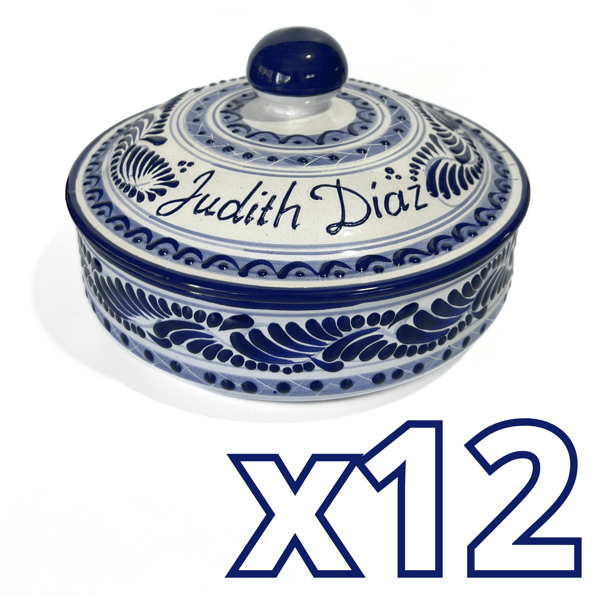 TORTILLERO PERSONALIZADO FONDO BLANCO CENEFA AZUL COBALTO NOMBRE