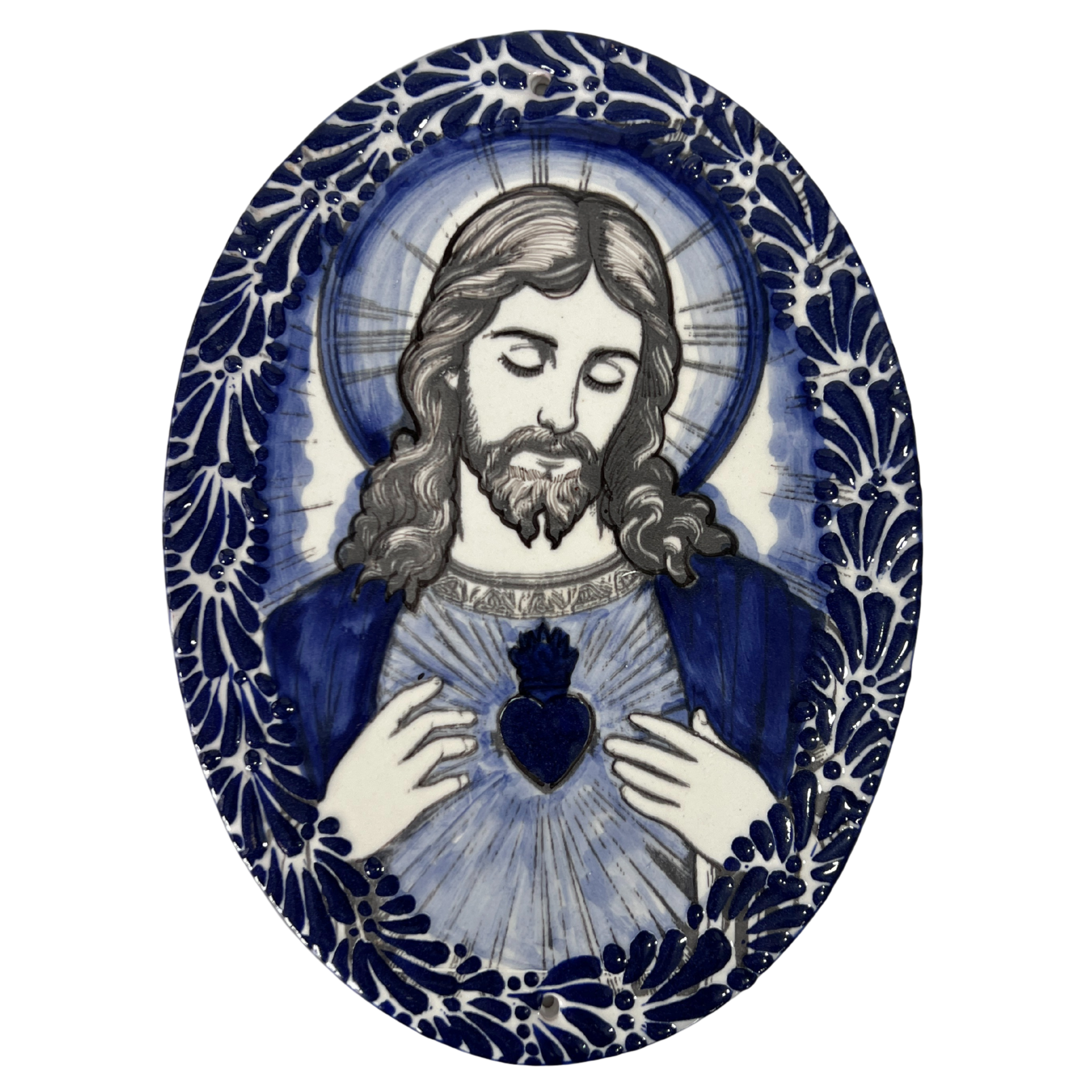PLACA OVALADA 24 CM SAGRADO CORAZON DE JESUS MIK AZUL COBALTO VERSION AZUL