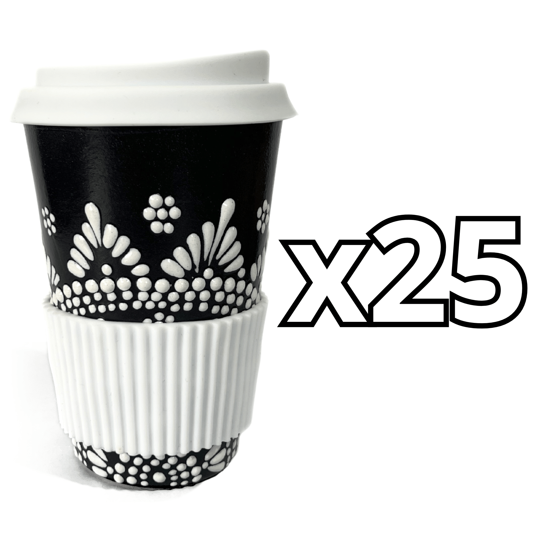 TERMO 15 CM SIN ASA FONDO NEGRO CENEFA MANDALA BLANCO