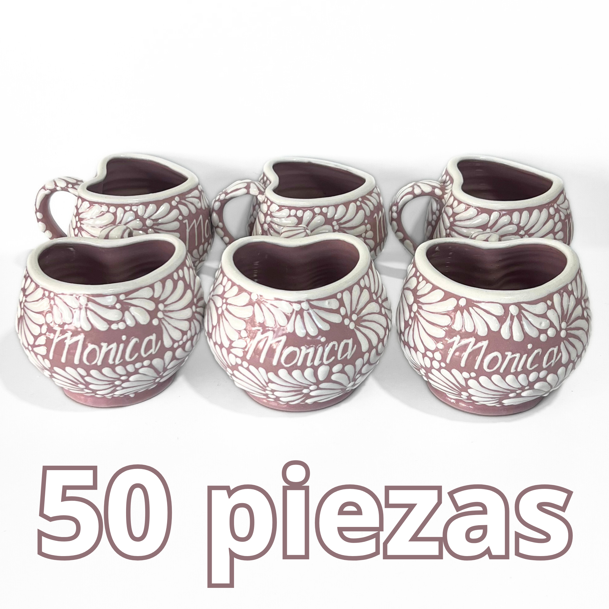 TAZA FORMA CORAZON CHOCOLATERA GRANDE 8 CARACTERES FONDO ROSA MIK BLANCO PERSONALIZADO