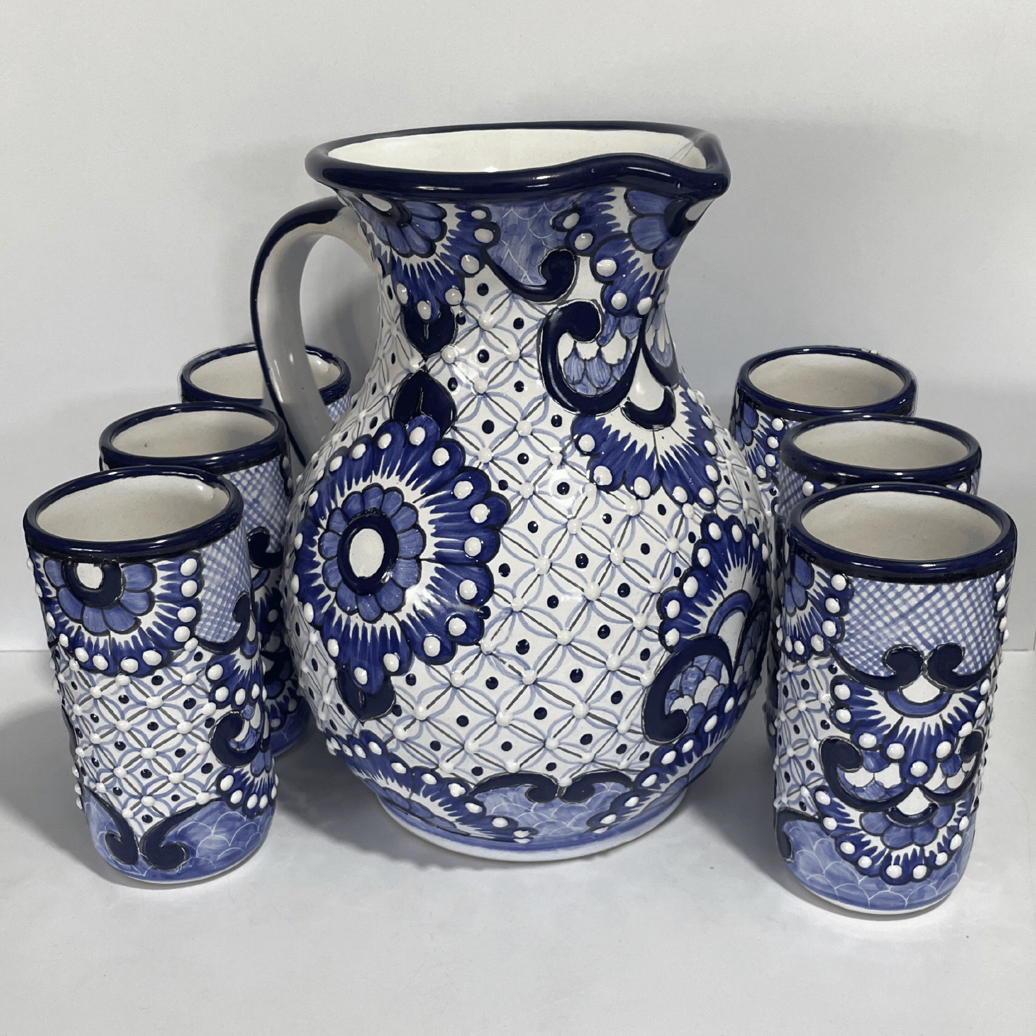 JUEGO DE JARRA CON 6 VASOS DECORADO FLORES AZUL COBALTO