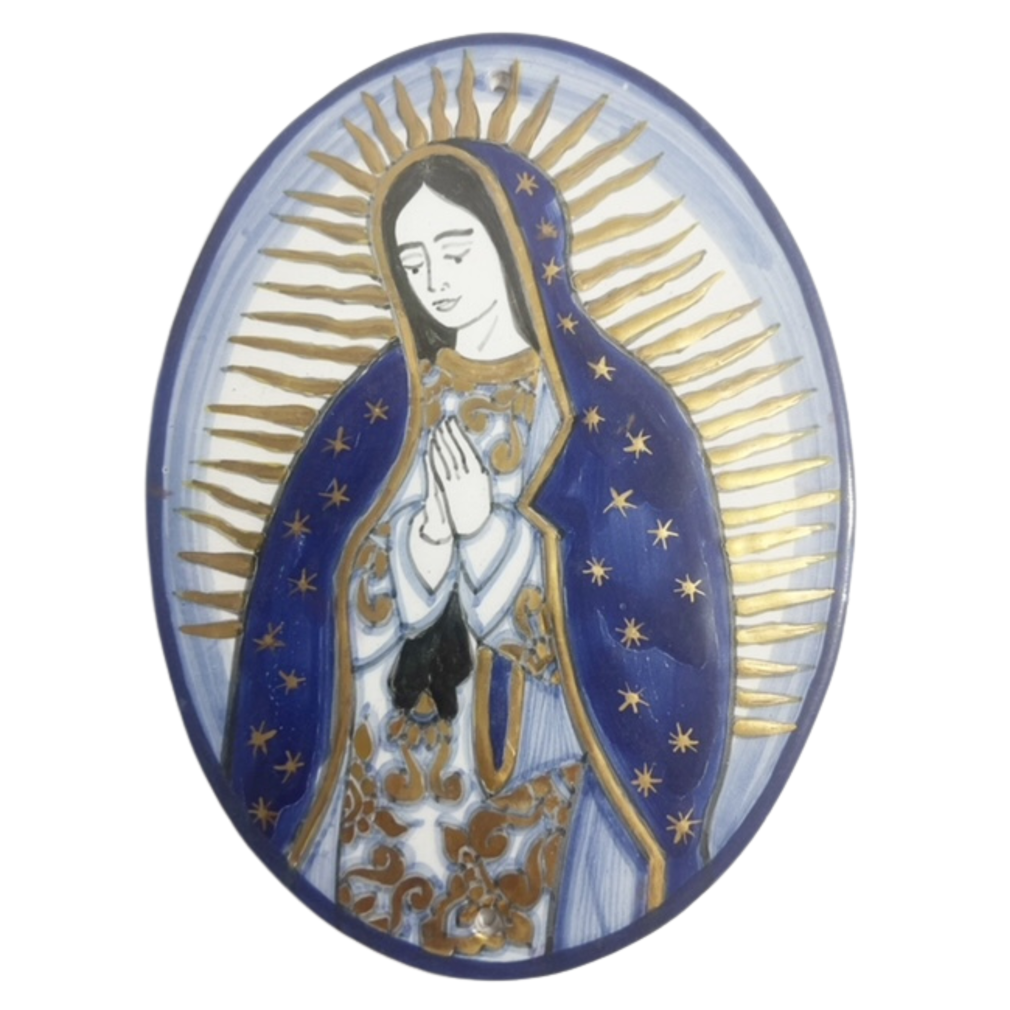 PLACA OVALADA VIRGENCITA AZUL COBALTO DESTELLOS DE ORO
