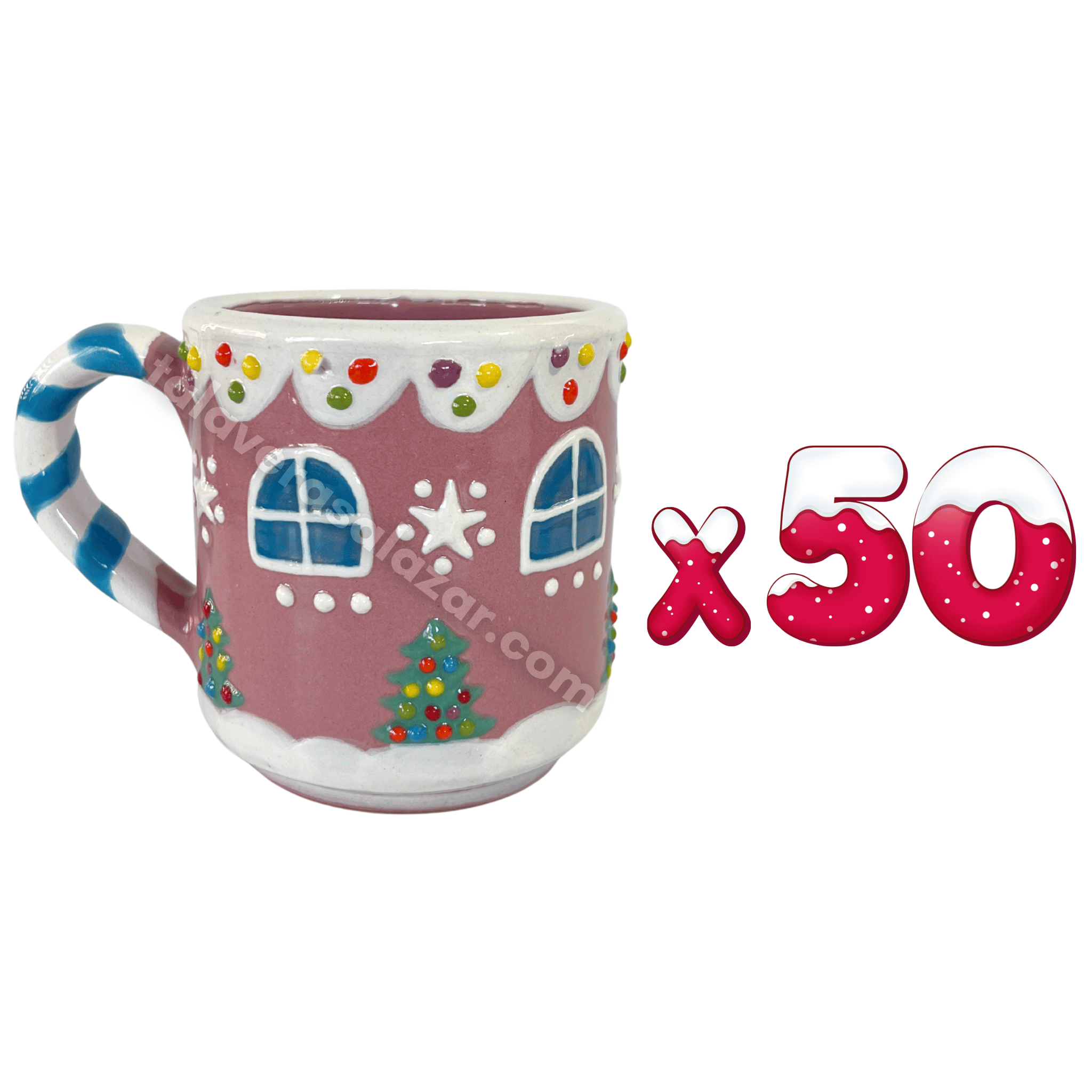 TAZA RECTA GALLETA DE JENGIBRE FONDO ROSA CON ASA BASTÓN TURQUESA