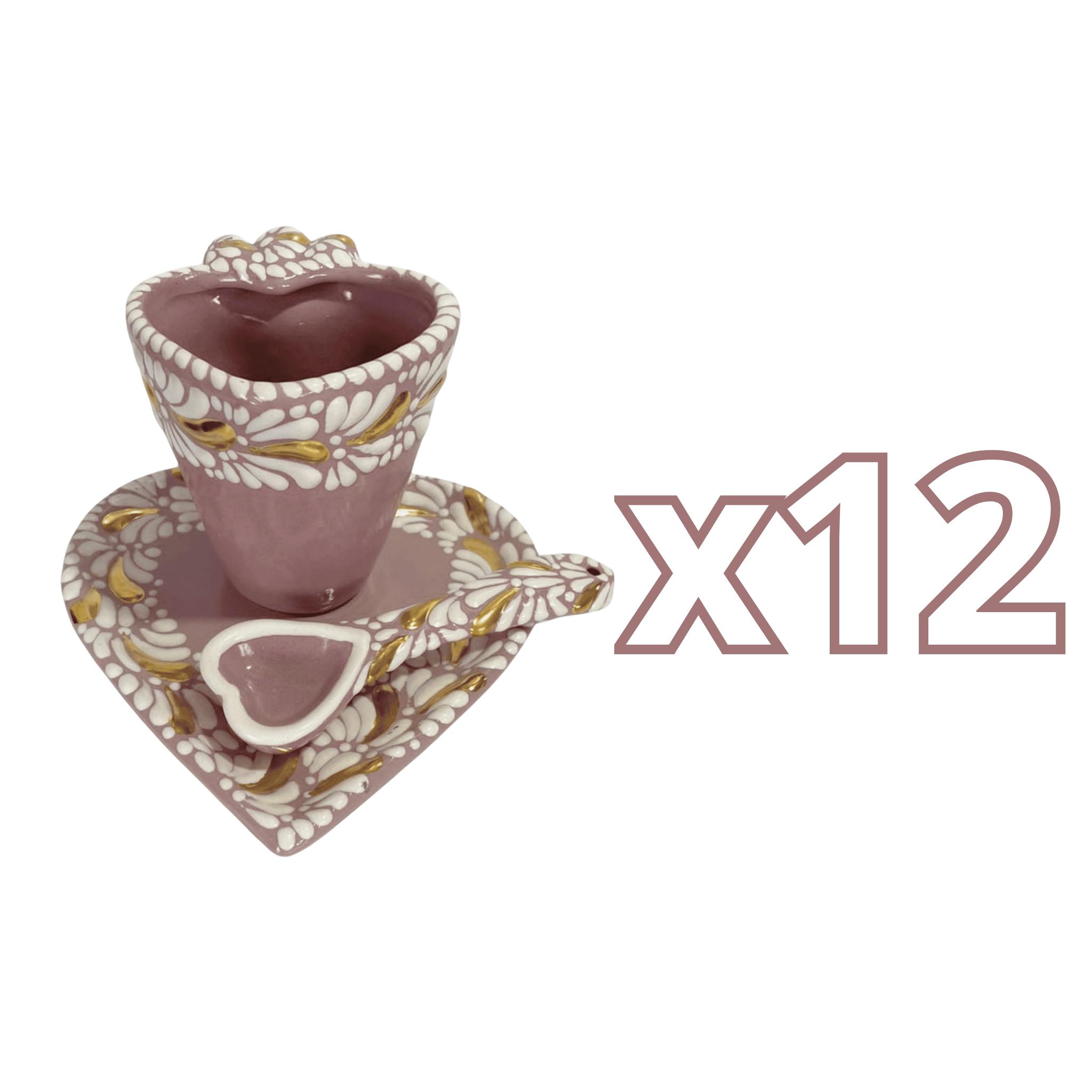 SET 3 PIEZAS FORMA CORAZON CON CUCHARA CORAZON DESTELLOS DE ORO FONDO ROSA MIK CENEFA BLANCO