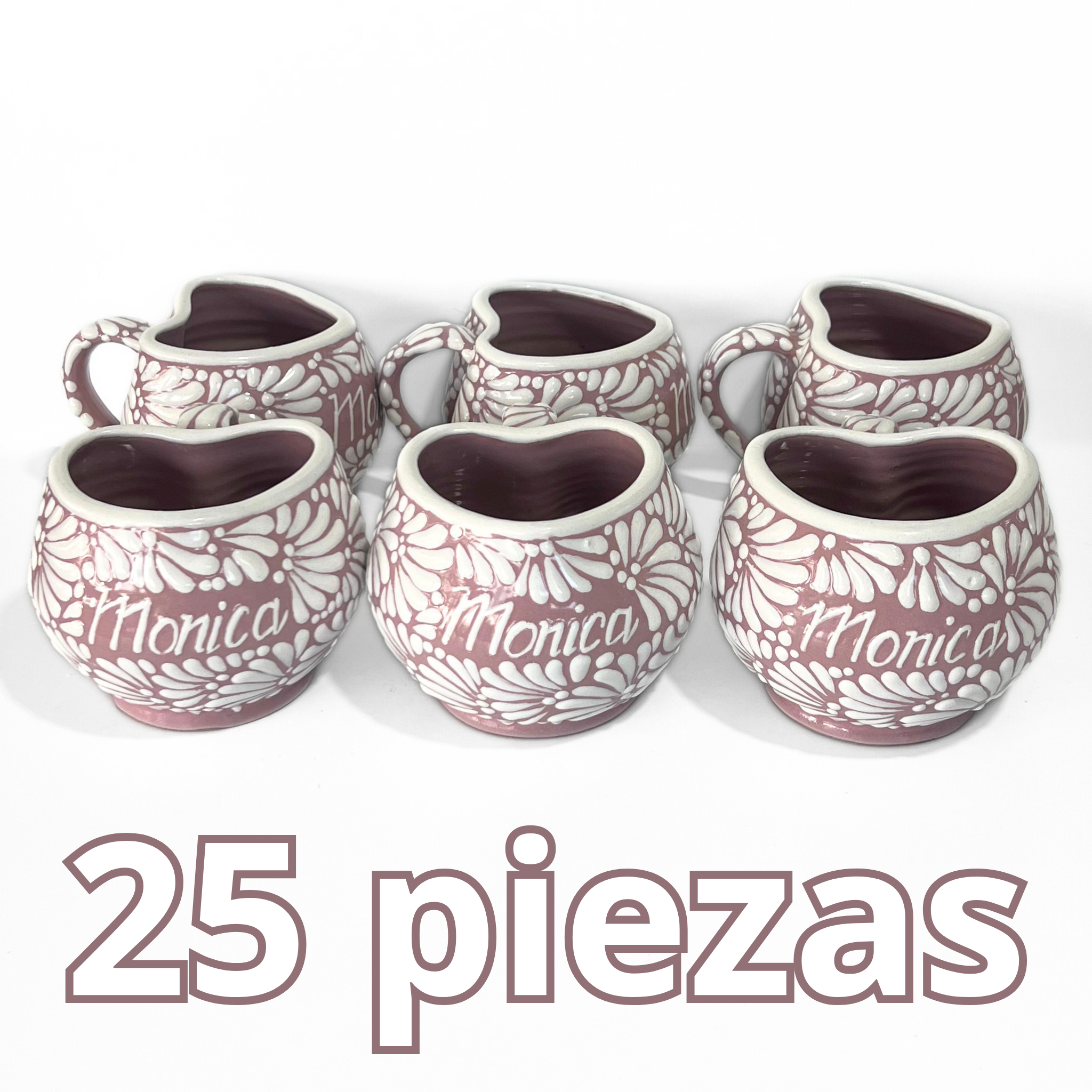 TAZA FORMA CORAZON CHOCOLATERA GRANDE 8 CARACTERES FONDO ROSA MIK BLANCO PERSONALIZADO