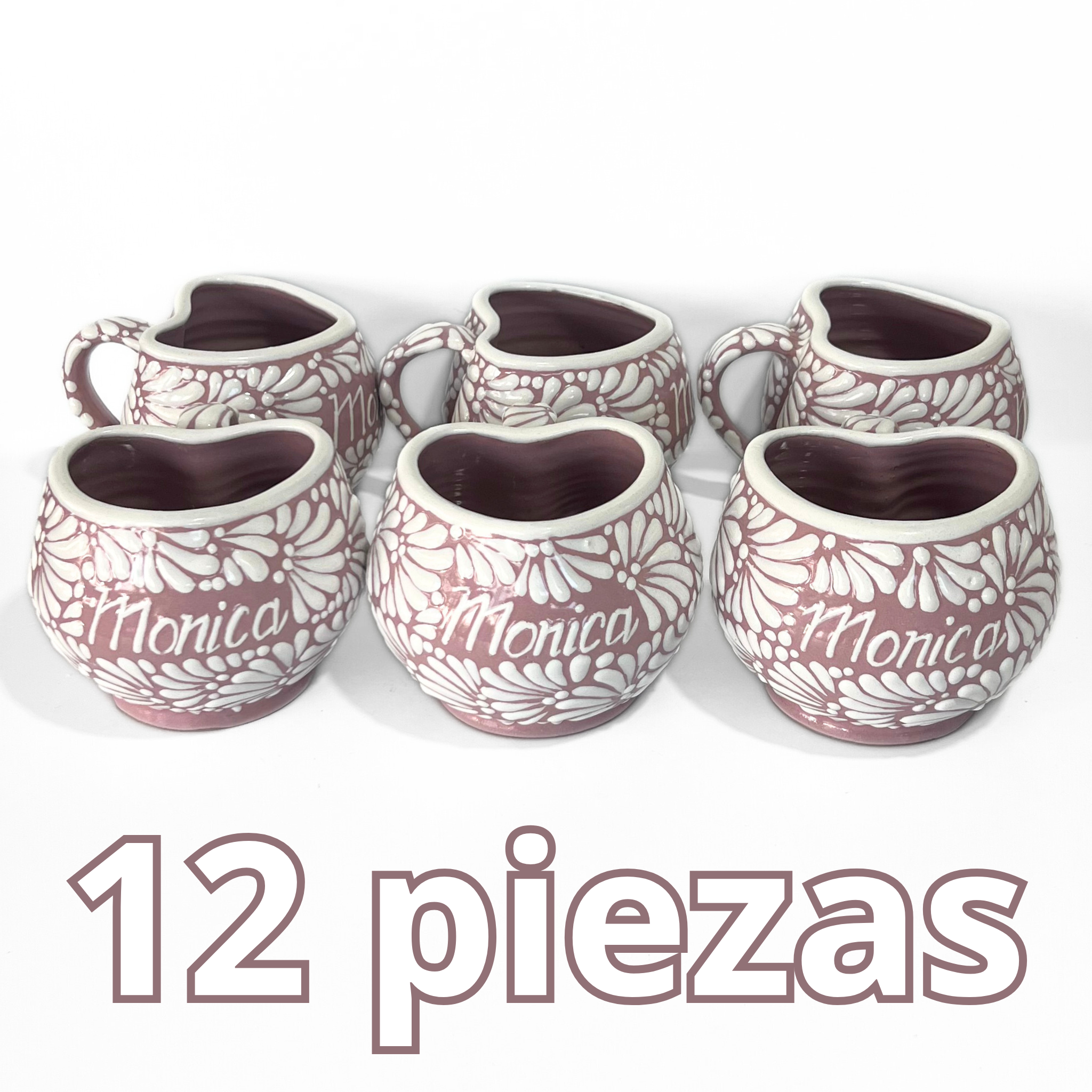 TAZA FORMA CORAZON CHOCOLATERA GRANDE 8 CARACTERES FONDO ROSA MIK BLANCO PERSONALIZADO