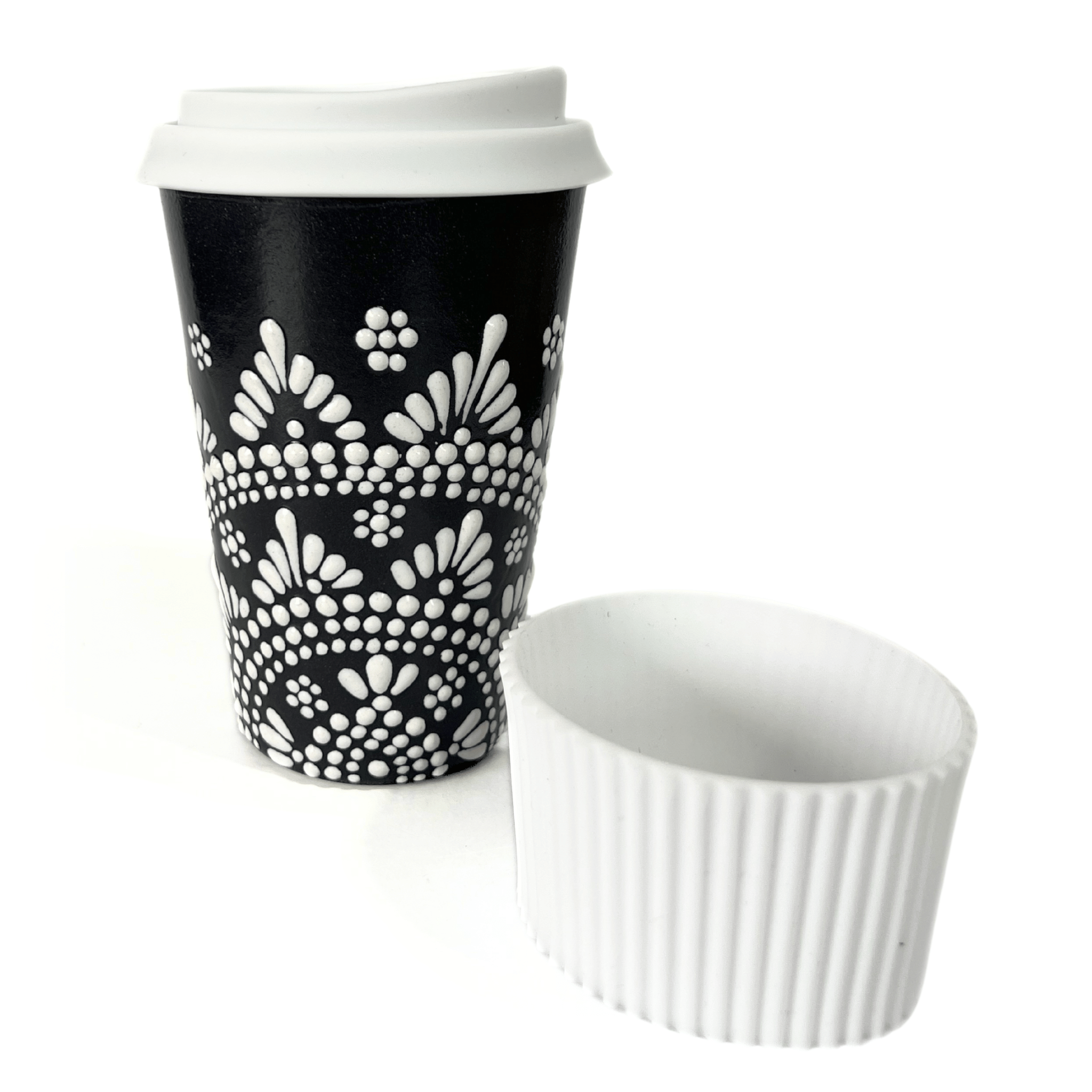 TERMO 15 CM SIN ASA FONDO NEGRO CENEFA MANDALA BLANCO