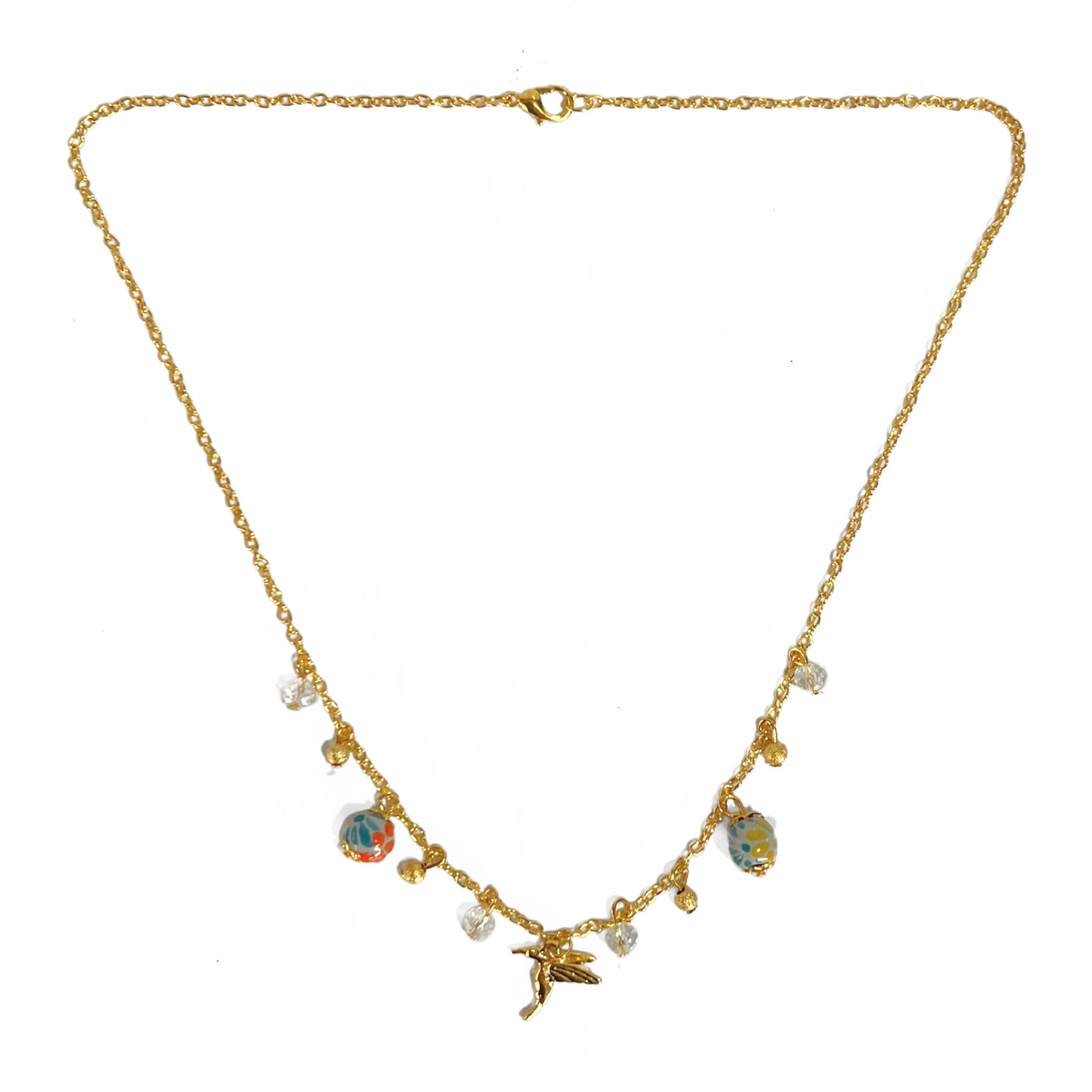 COLLAR COLIBRI CON ESFERAS MULTICOLOR CADENA DORADA
