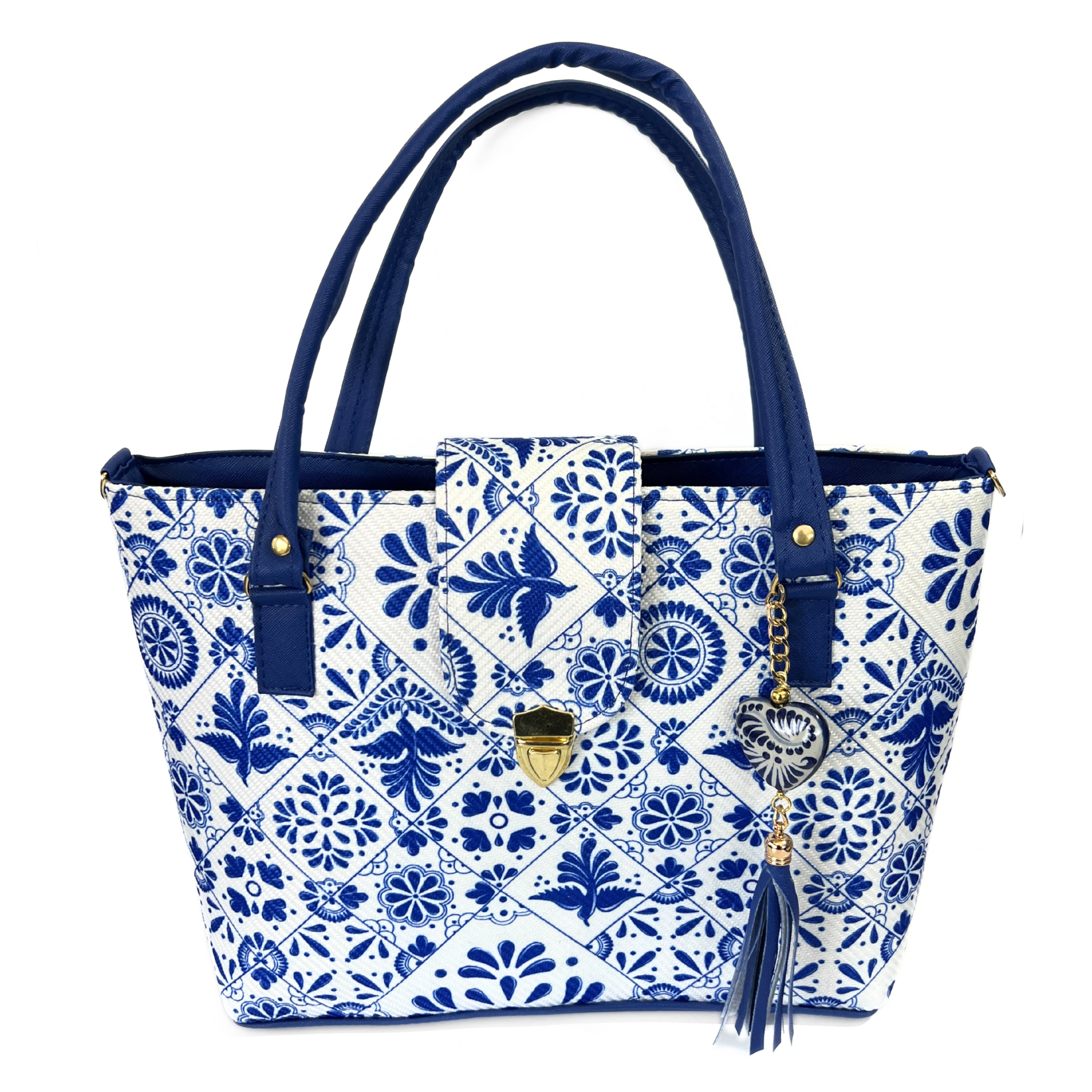 BOLSA BROCHE DORADO COLOR AZUL COBALTO ESTILO TALAVERA CON LLAVERO