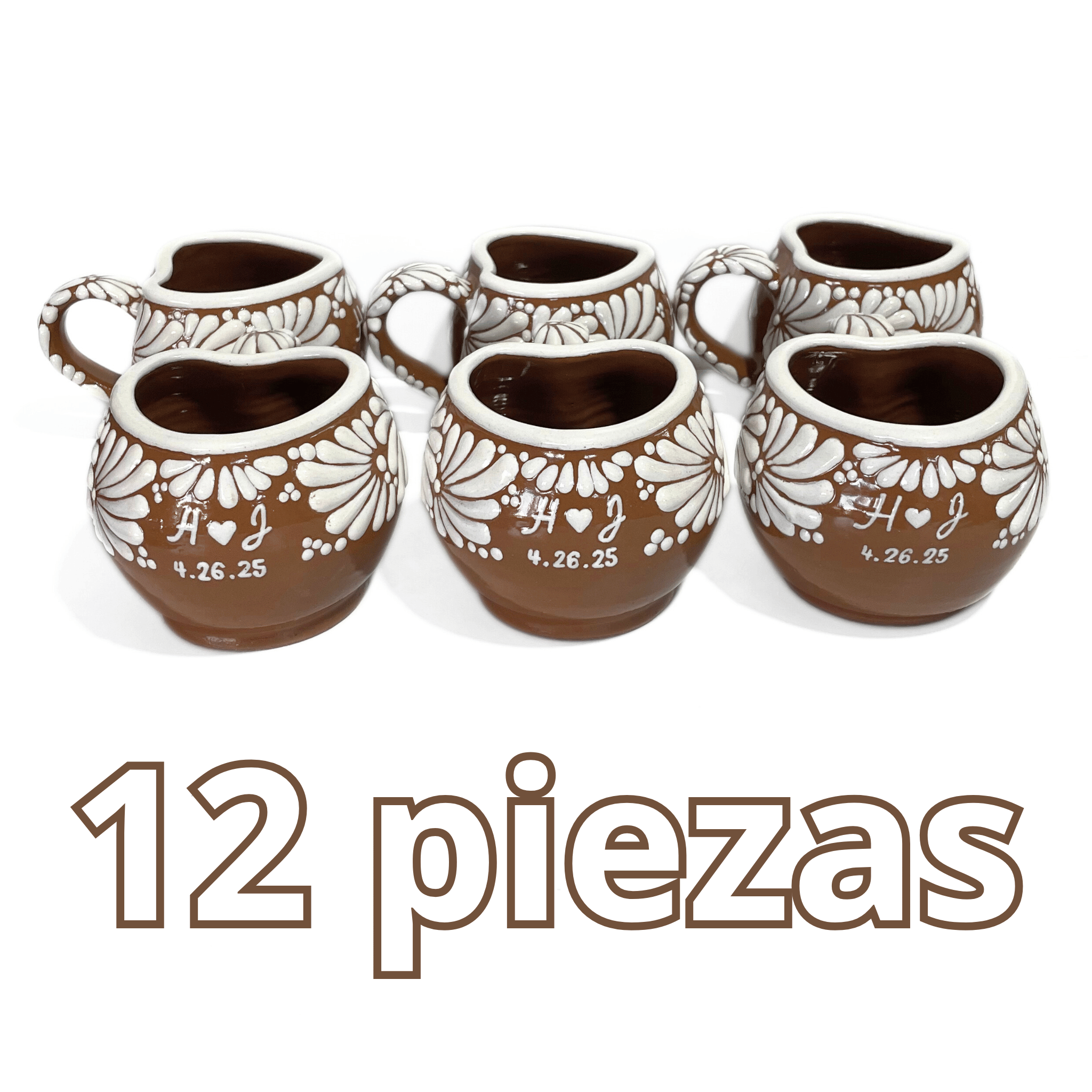 PAQUETE TAZA CHOCOLATERA MEDIANA  FONDO CAFE MIK CENEFA BLANCO INICIALES CORAZON Y FECHA