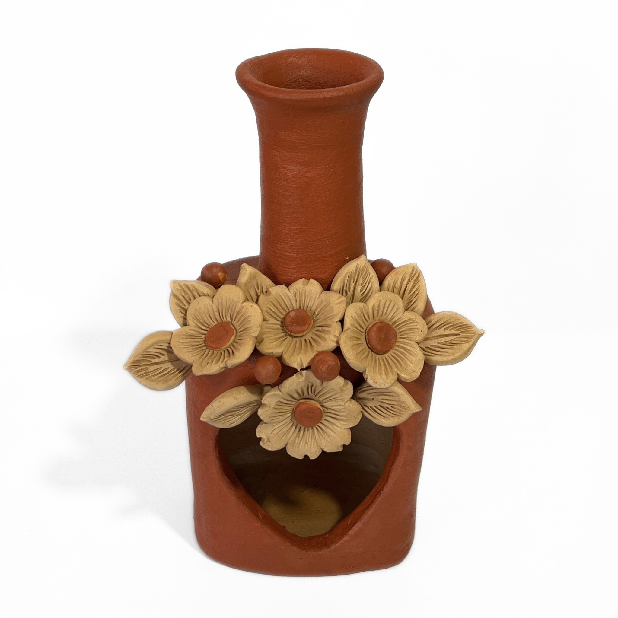 CHIMENEA CUADRADA FLORES BARRO ROJO Y BLANCO BORDADO