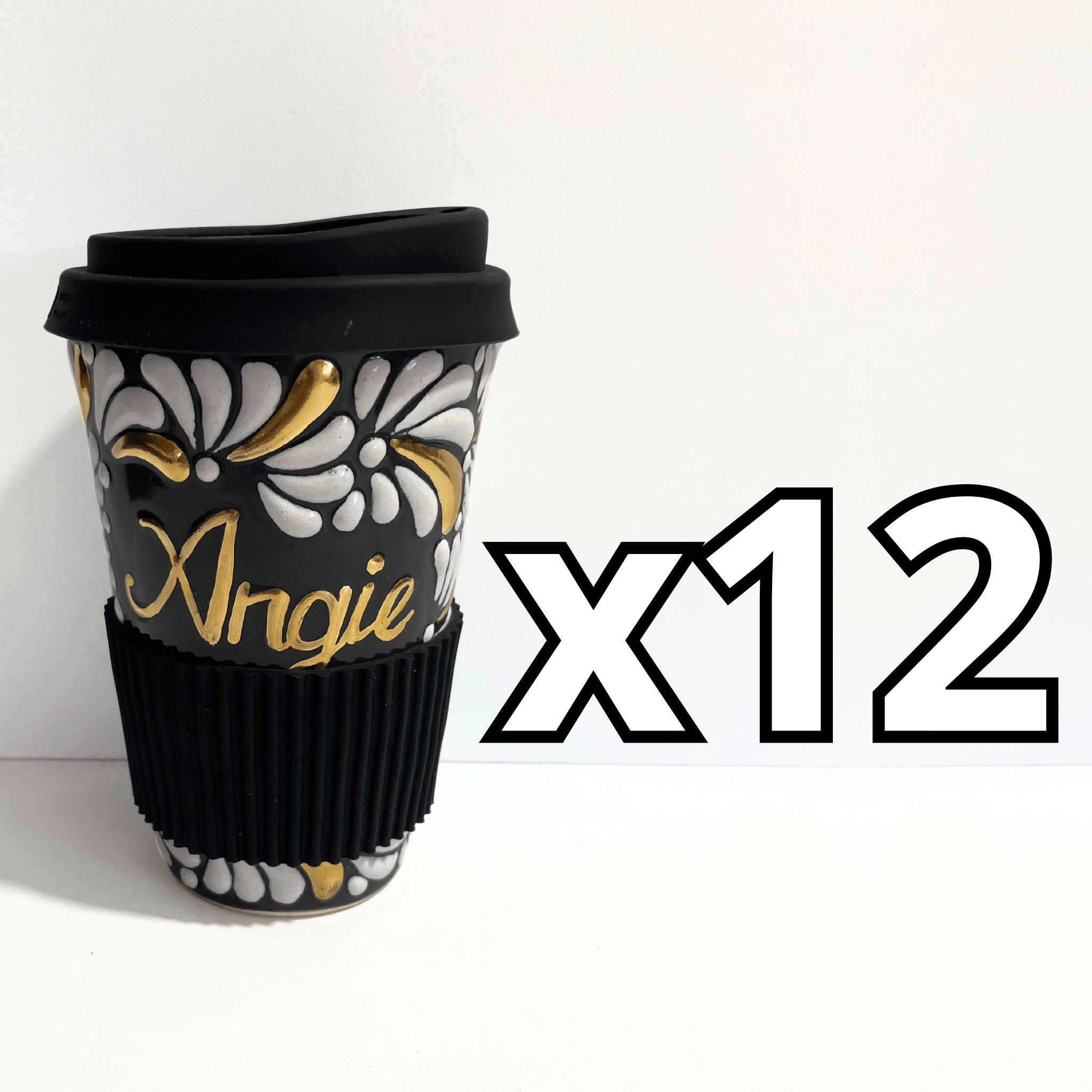 DESTELLOS DE ORO TERMO PERSONALIZADO 15 CM SIN ASA FONDO NEGRO MIK BLANCO NOMBRE