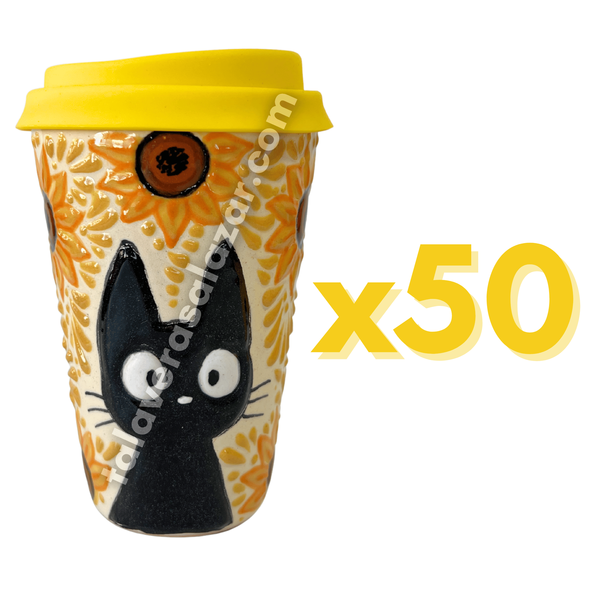 TERMO 15 CM SIN ASA FONDO TRADICIONAL MIK AMARILLO HUEVO GATO NEGRO CON GIRASOLES