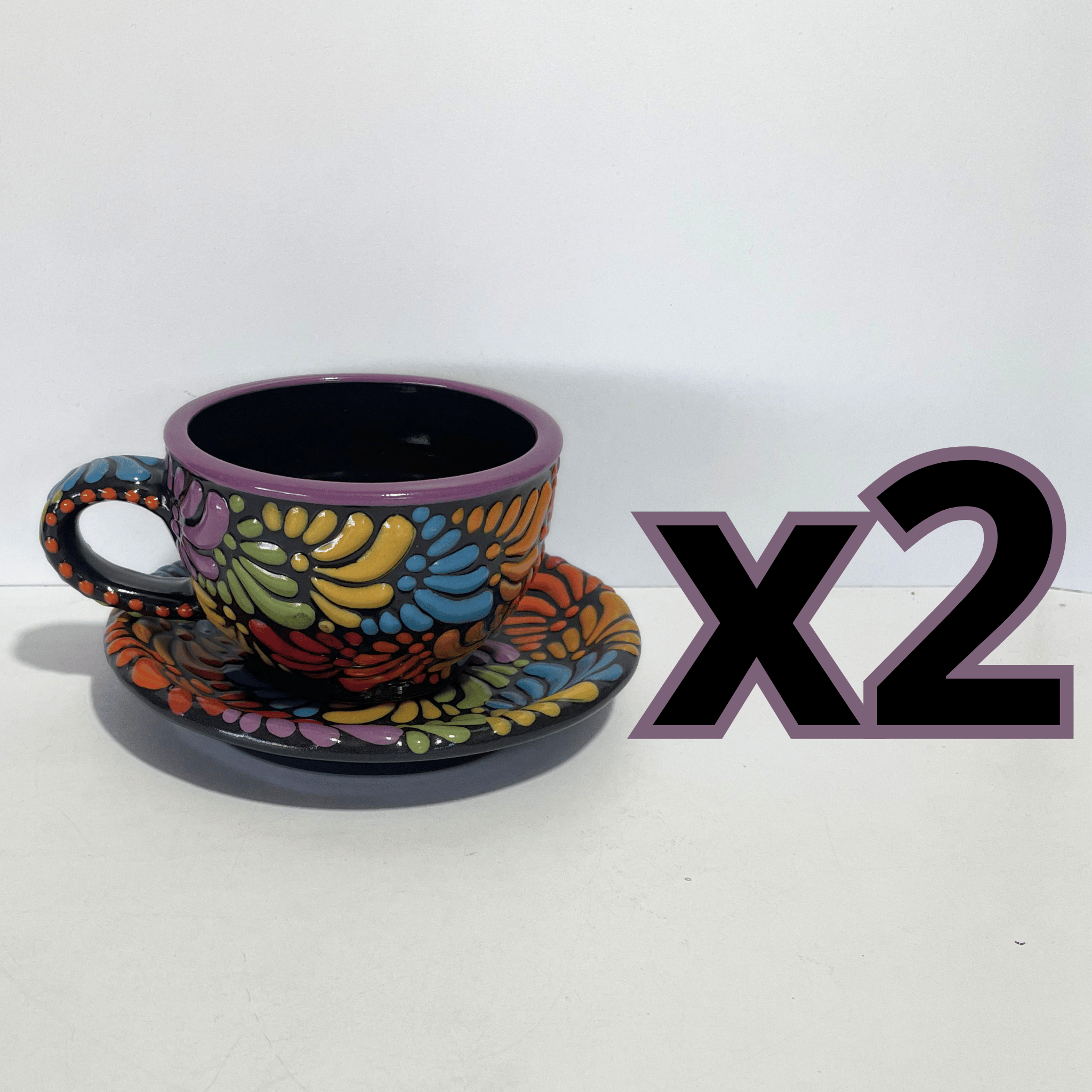 SET TAZA 300 ML Y PLATO FONDO NEGRO MIK MULTICOLOR