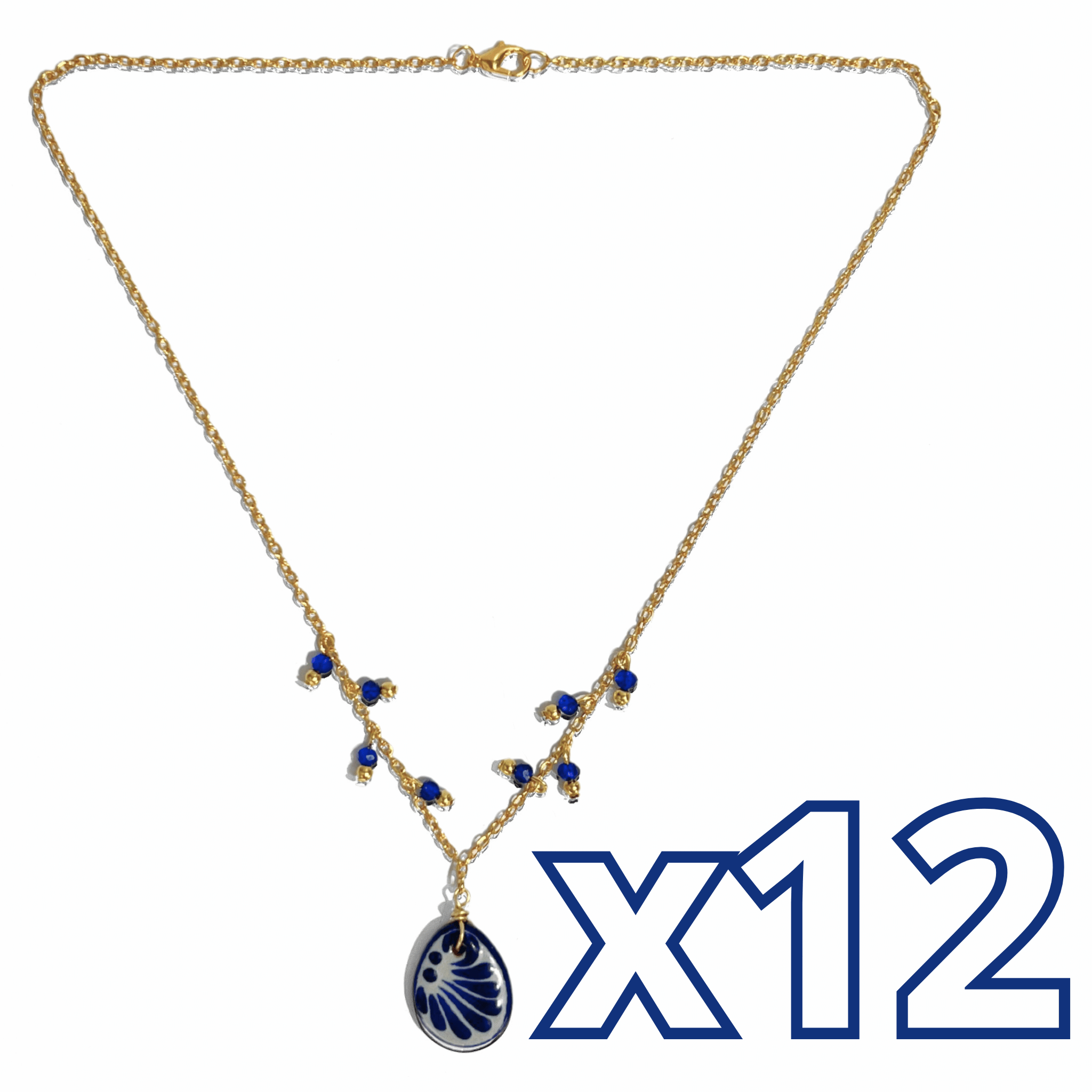 COLLAR GOTA PLANO FONDO TRADICIONAL DECORADO AZUL COBALTO CADENA DORADA