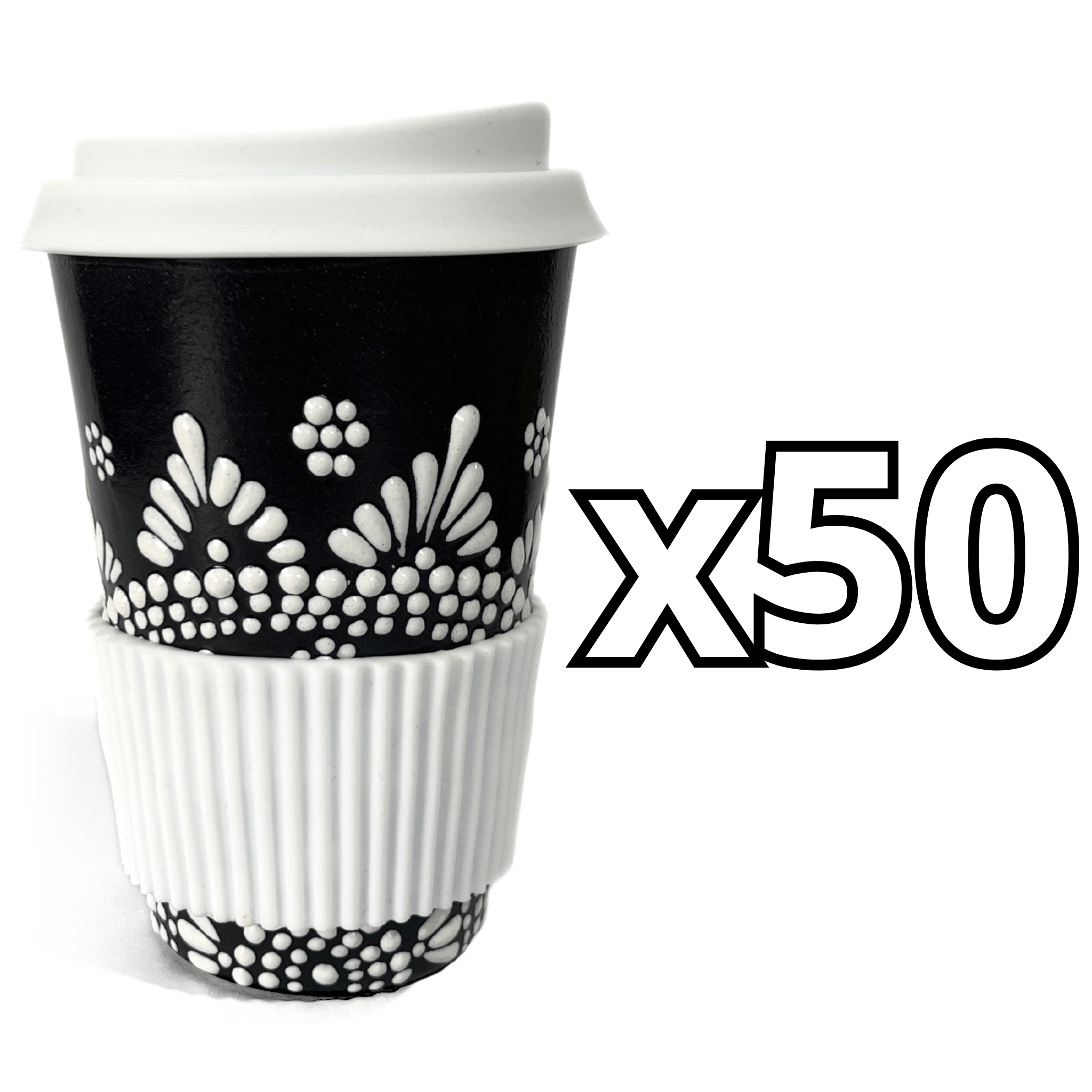 TERMO 15 CM SIN ASA FONDO NEGRO CENEFA MANDALA BLANCO