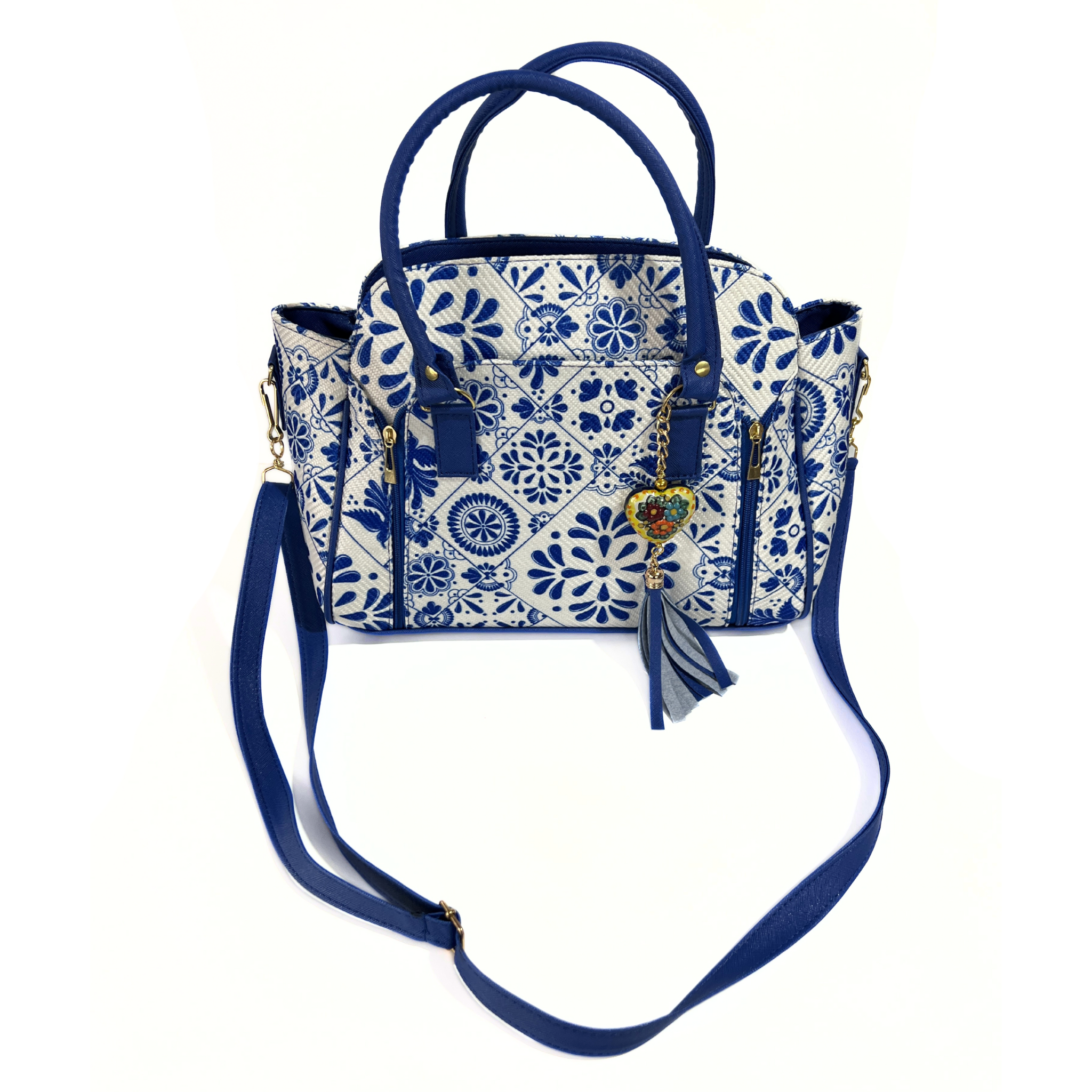 BOLSA PESTAÑA COLOR AZUL COBALTO ESTILO TALAVERA CON LLAVERO FLORES