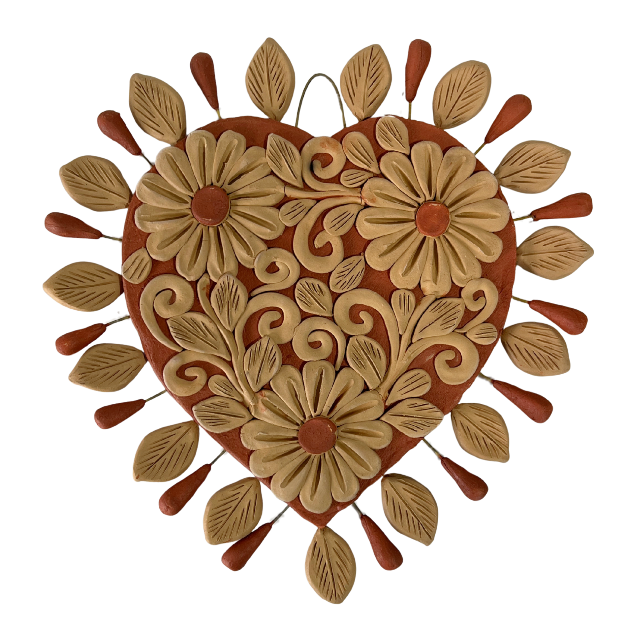 CORAZON PLANO PARA PARED DECORADO 3 FLORES BARRO ROJO BARRO BLANCO BORDADO