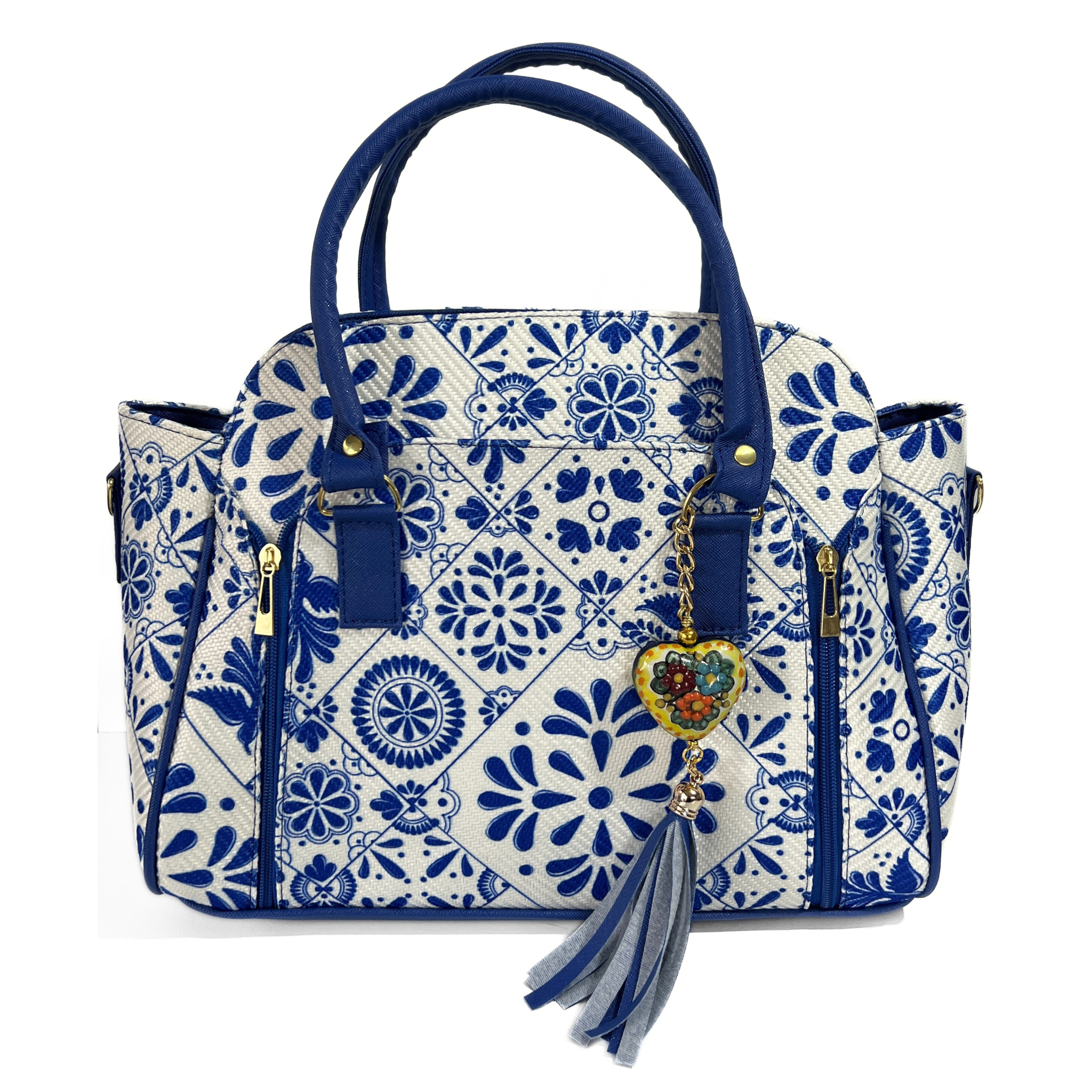BOLSA PESTAÑA COLOR AZUL COBALTO ESTILO TALAVERA CON LLAVERO FLORES