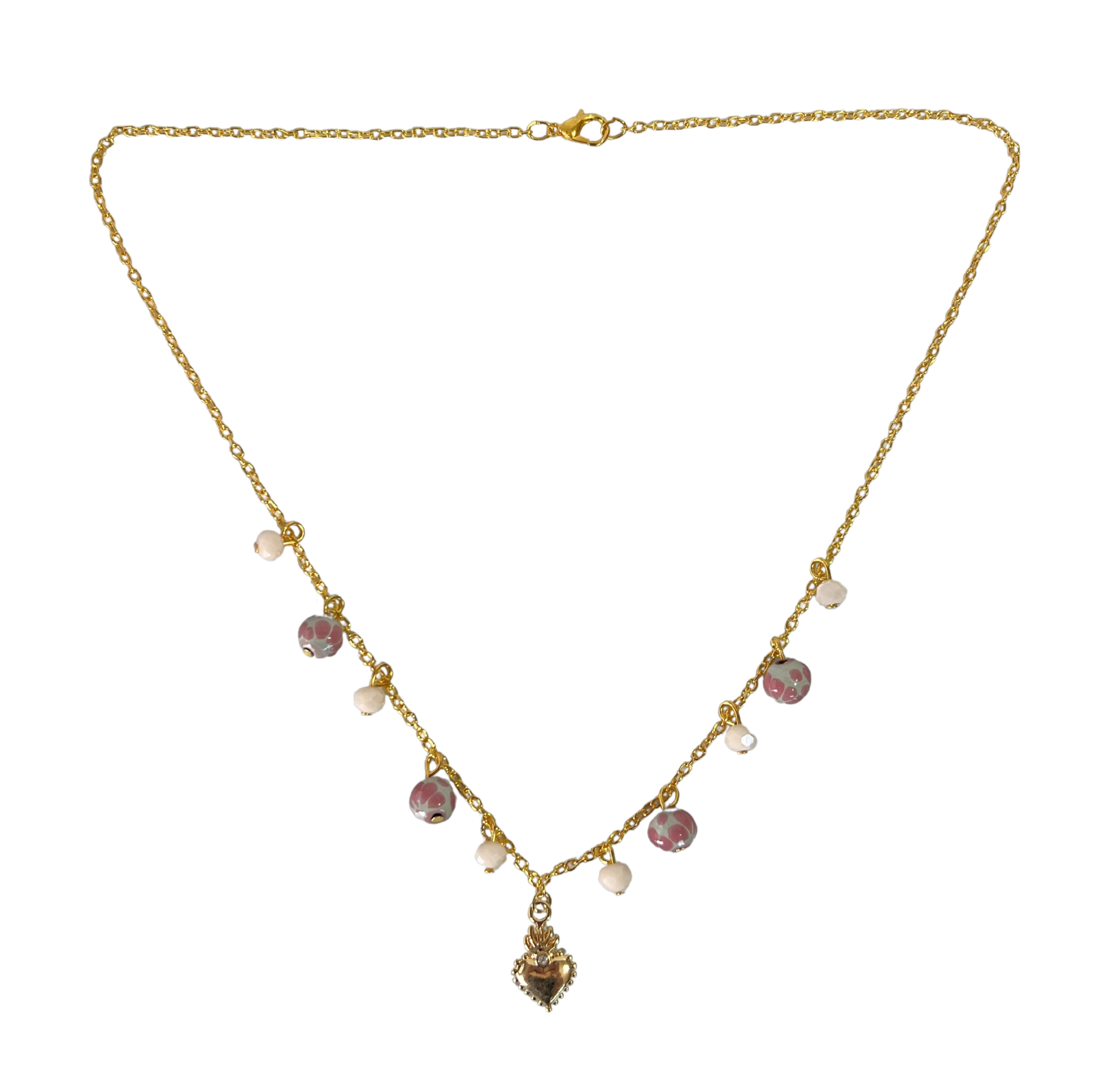 COLLAR CORAZON CON ESFERAS DECORADO ROSA CADENA DORADA