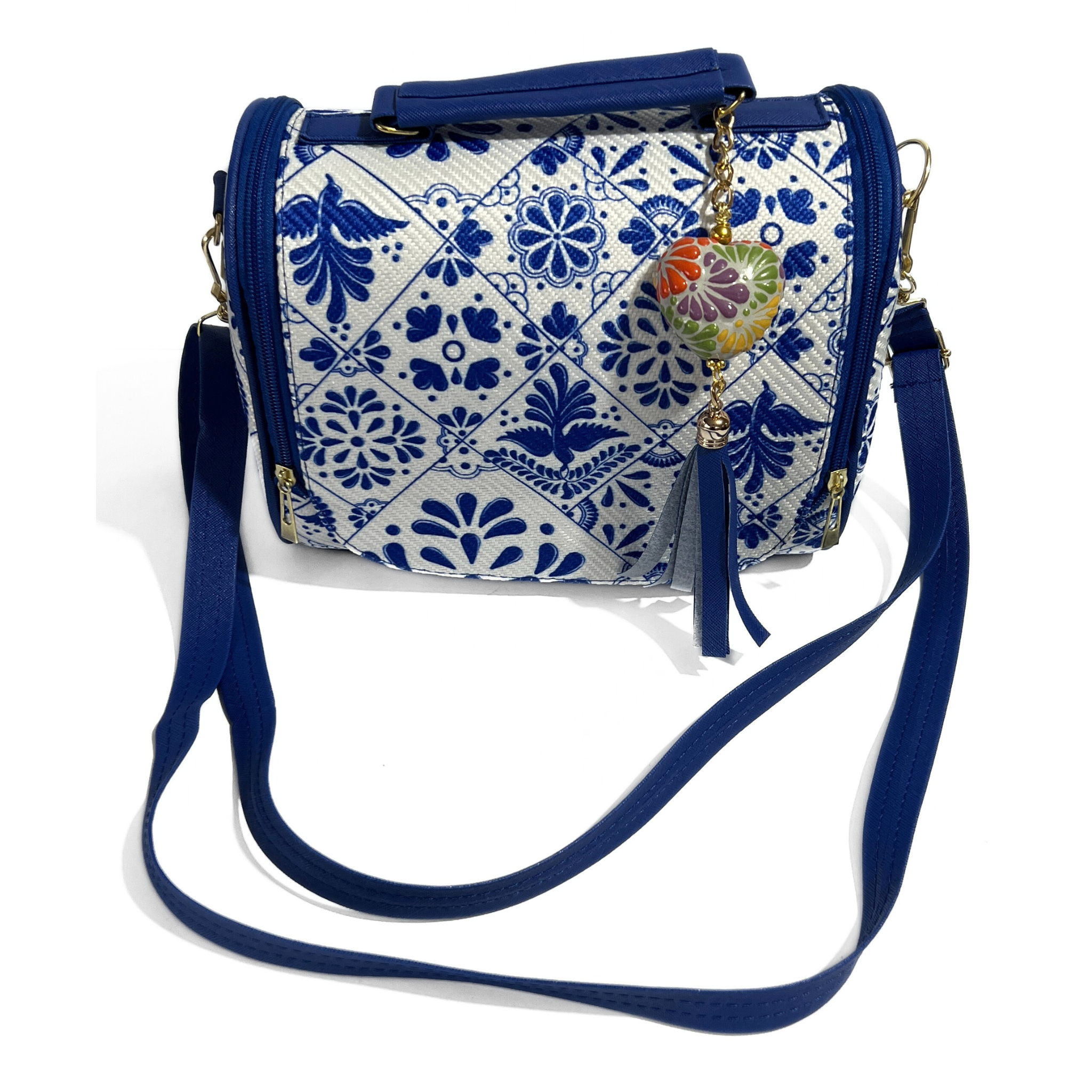 BOLSA COLOR AZUL COBALTO ESTILO TALAVERA CON LLAVERO MULTICOLOR