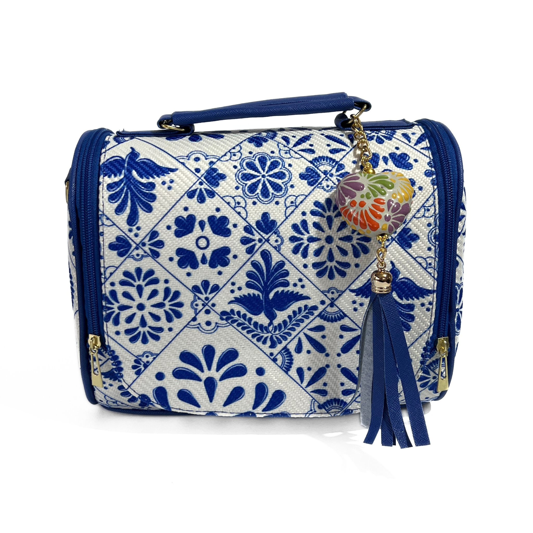 BOLSA COLOR AZUL COBALTO ESTILO TALAVERA CON LLAVERO MULTICOLOR