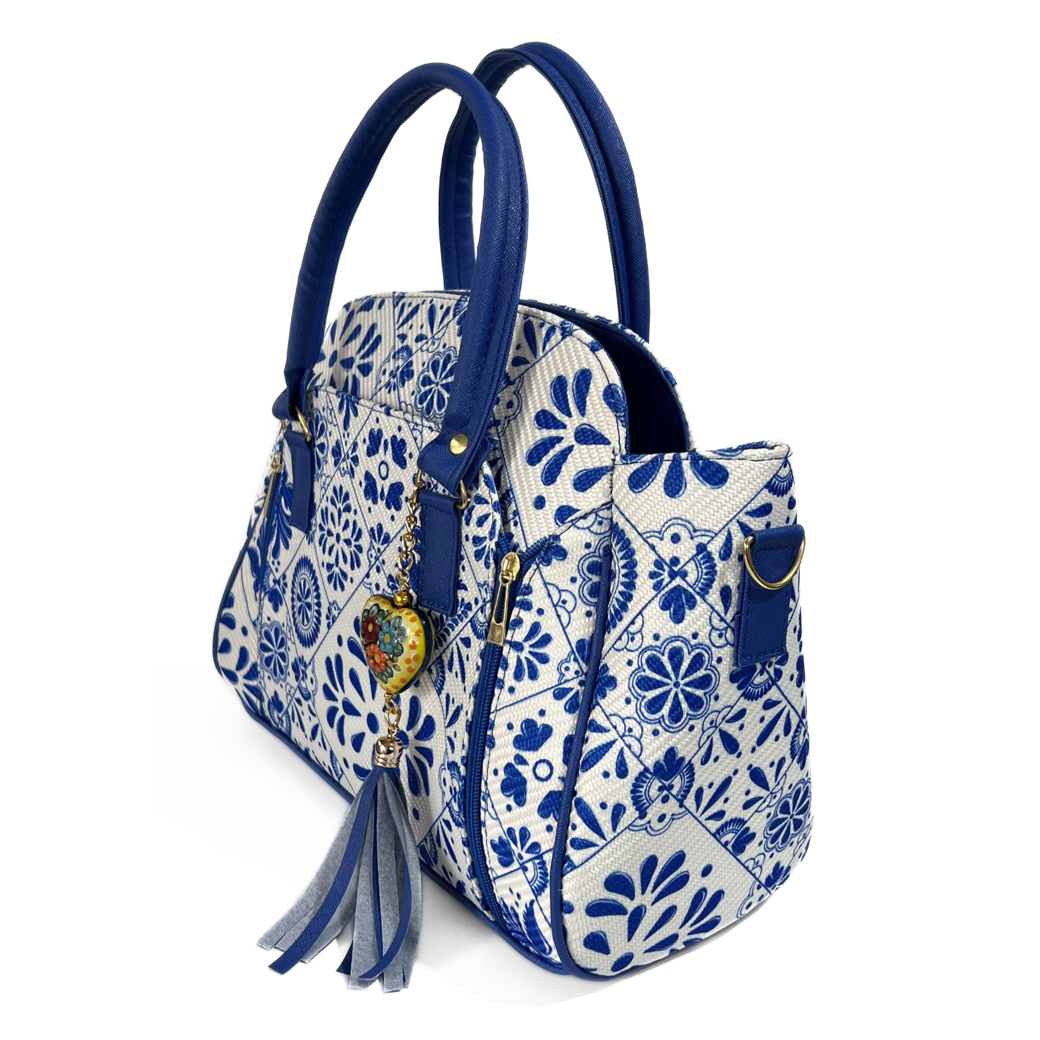 BOLSA PESTAÑA COLOR AZUL COBALTO ESTILO TALAVERA CON LLAVERO FLORES