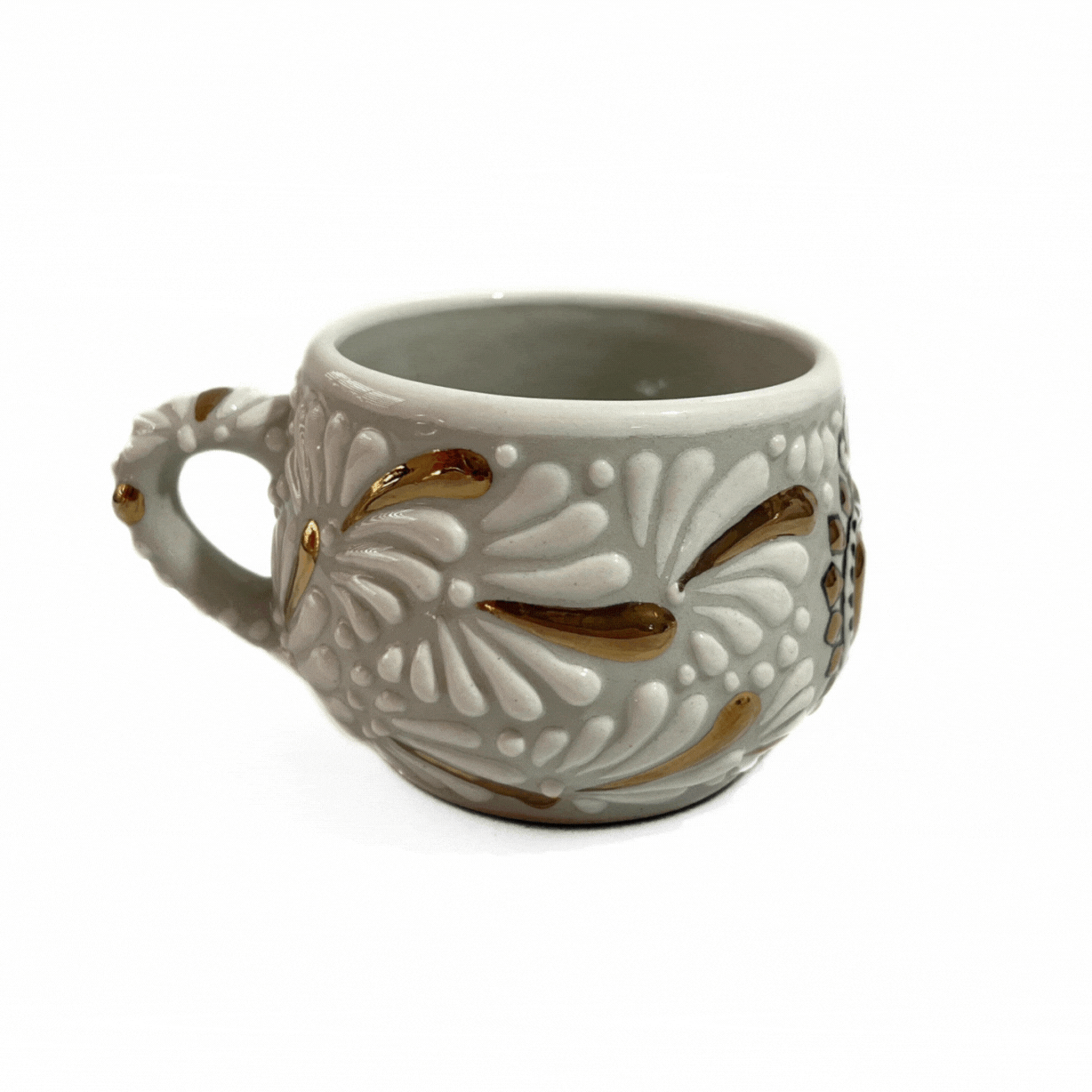 TAZA CHOCOLATERA MEDIANA FONDO TRADICIONAL MIK BLANCO DESTELLOS ORO SAGRADO CORAZON ORO
