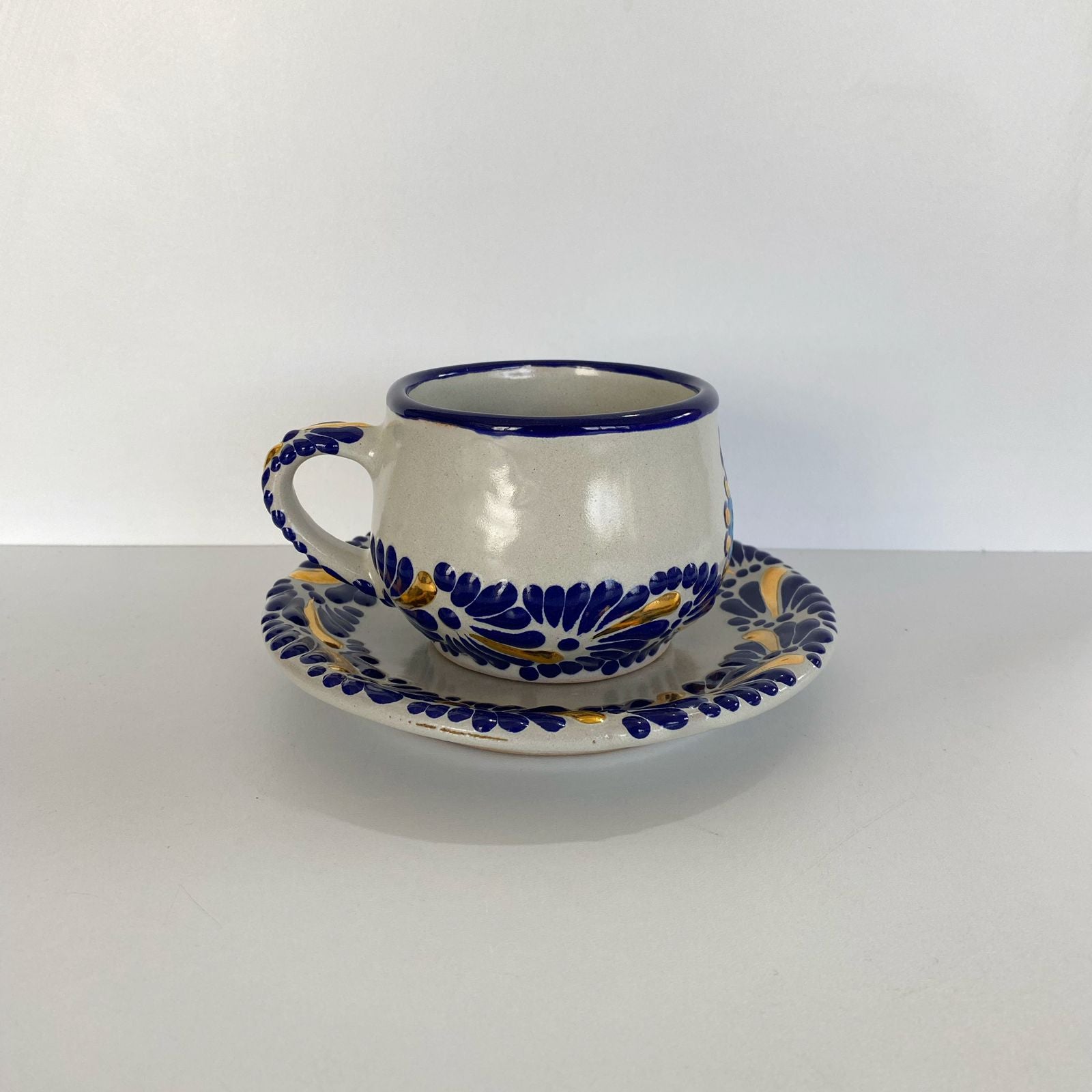 SET TAZA CHOCOLATERA MEDIANA SAGRADO CORAZON AZUL DESTELLO DE ORO