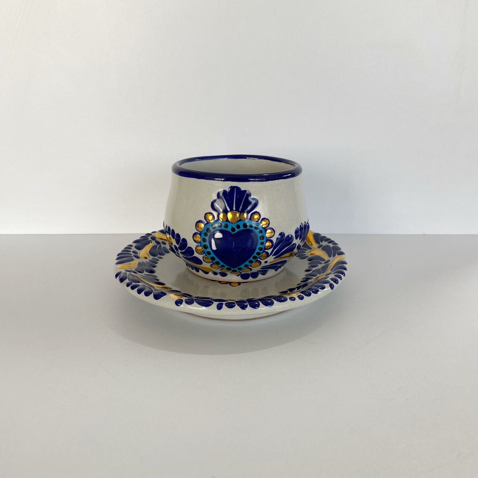 SET TAZA CHOCOLATERA MEDIANA SAGRADO CORAZON AZUL DESTELLO DE ORO