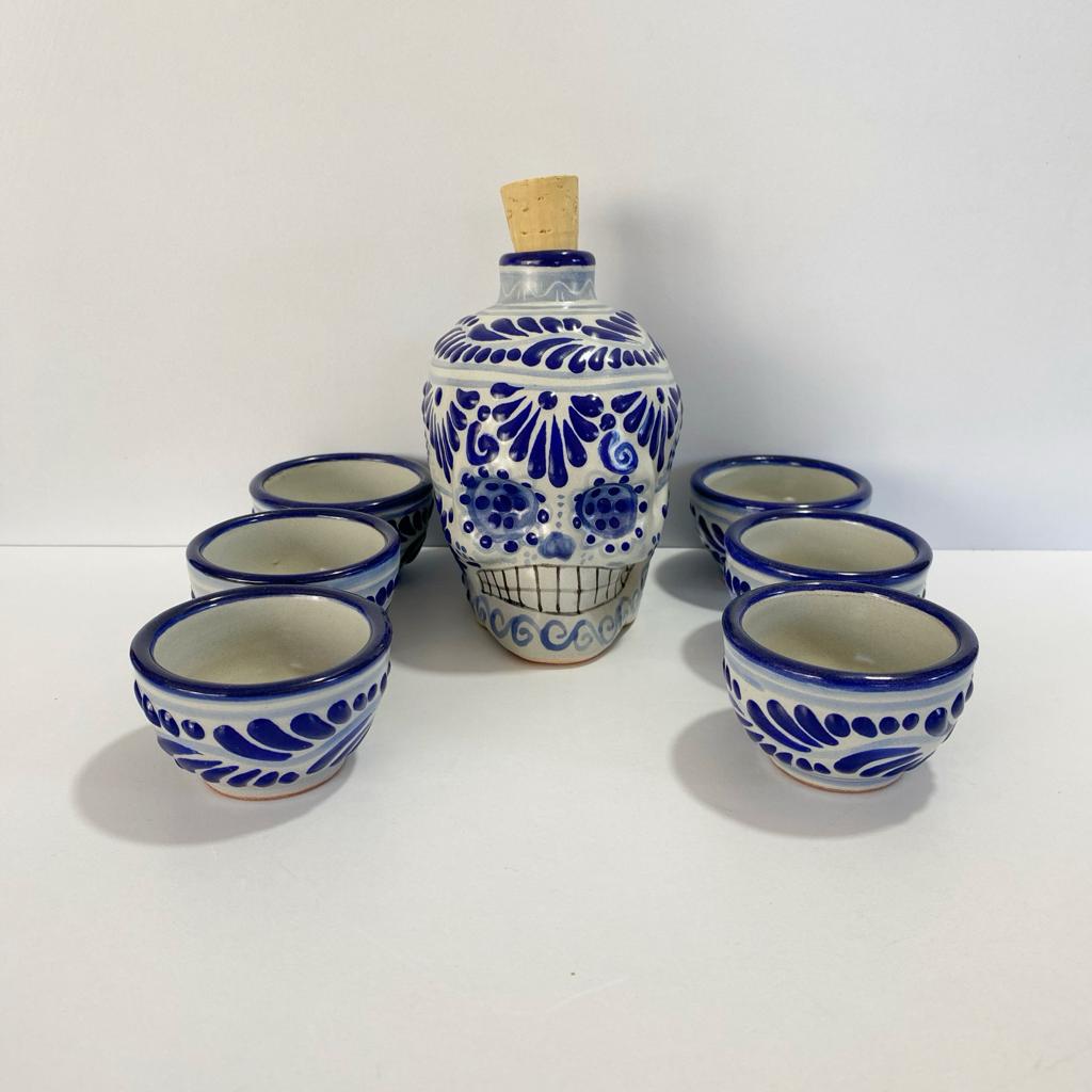 SET LICORERA FORMA DE CALAVERA AZUL COBALTO