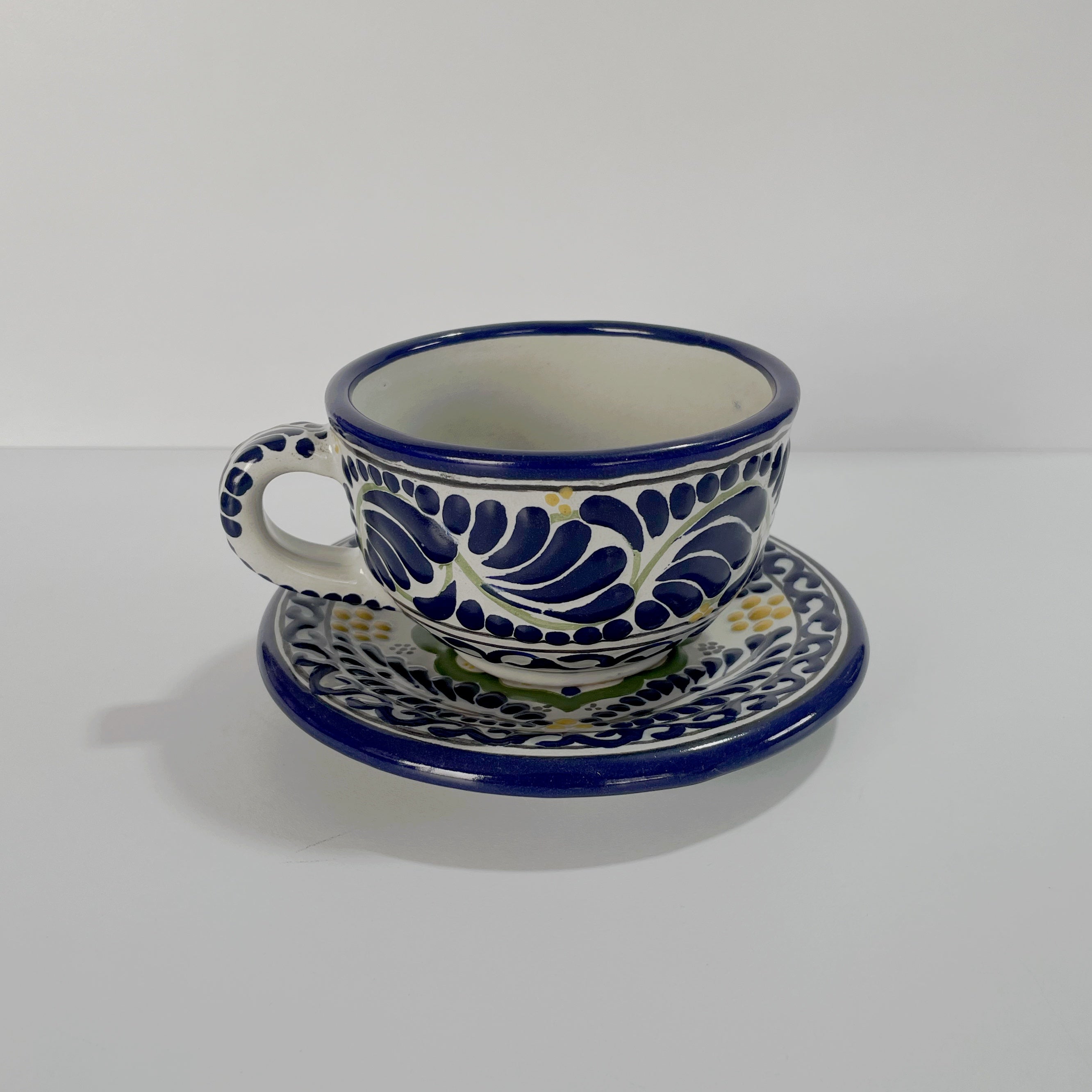 PAQUETE JUEGO DE CAFE AZUL COBALTO FLOR AL CENTRO AMARILLO Y VERDE PARA 6 PERSONAS