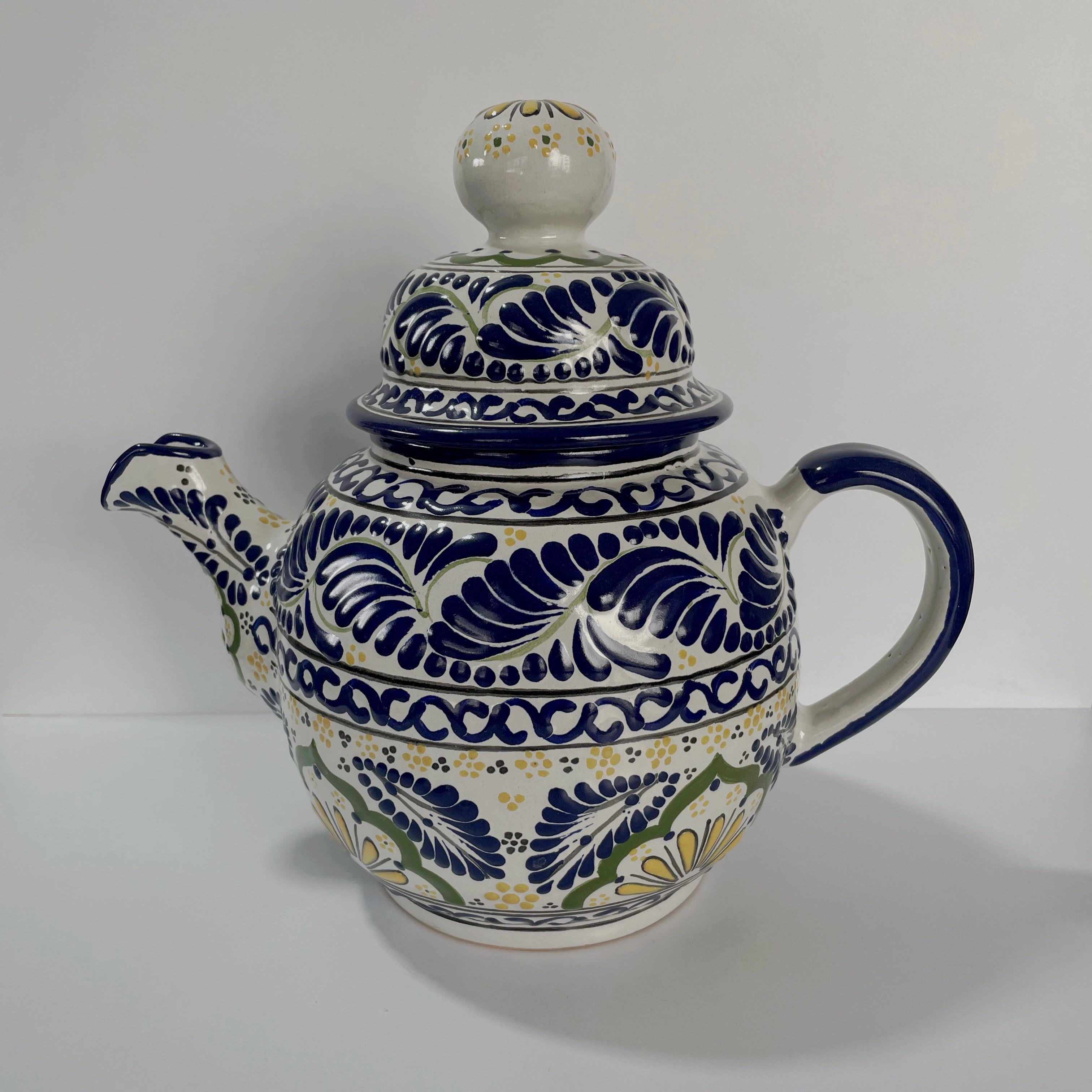 PAQUETE JUEGO DE CAFE AZUL COBALTO FLOR AL CENTRO AMARILLO Y VERDE PARA 6 PERSONAS