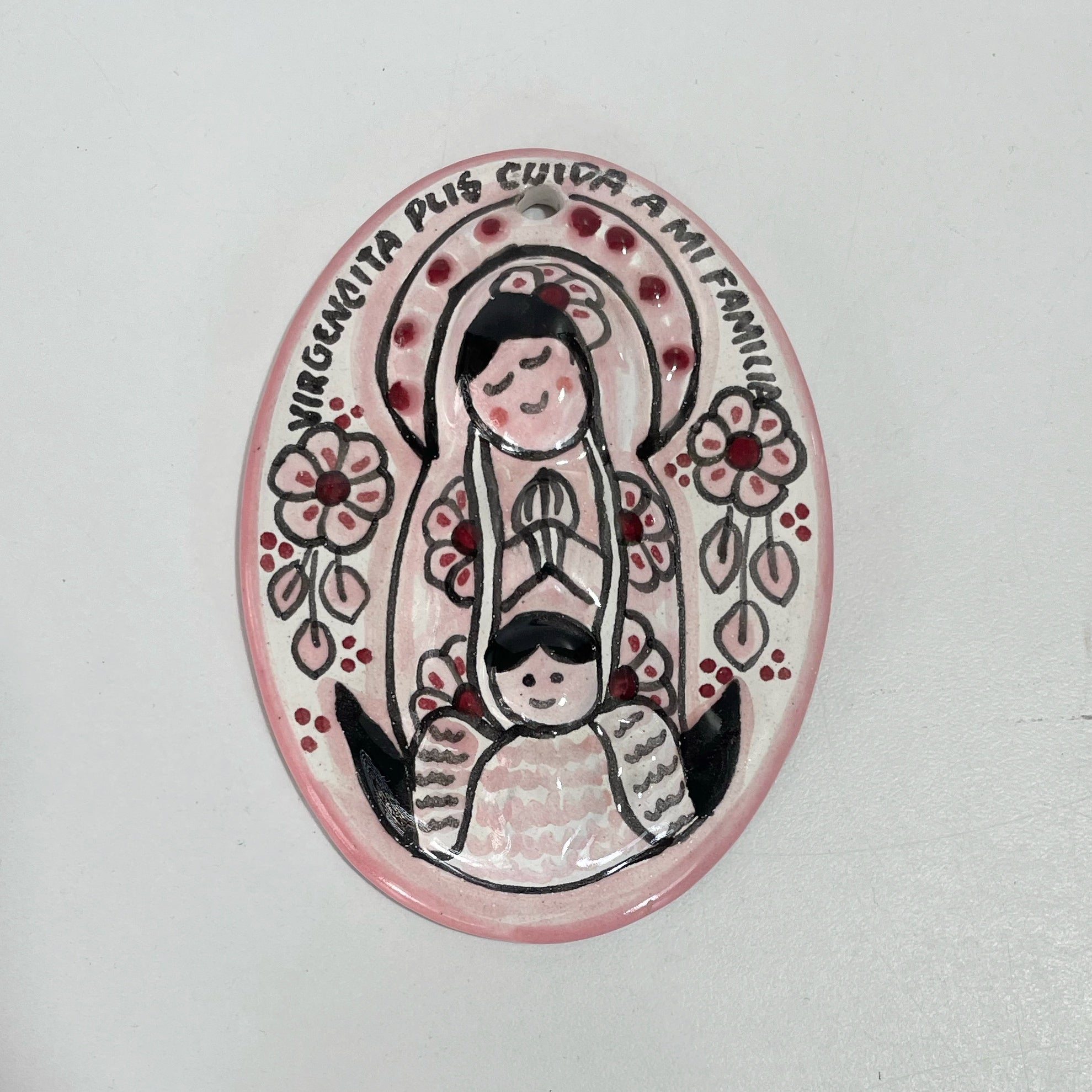 VIRGEN 10 CM FONDO BLANCO DECORADO ROSA