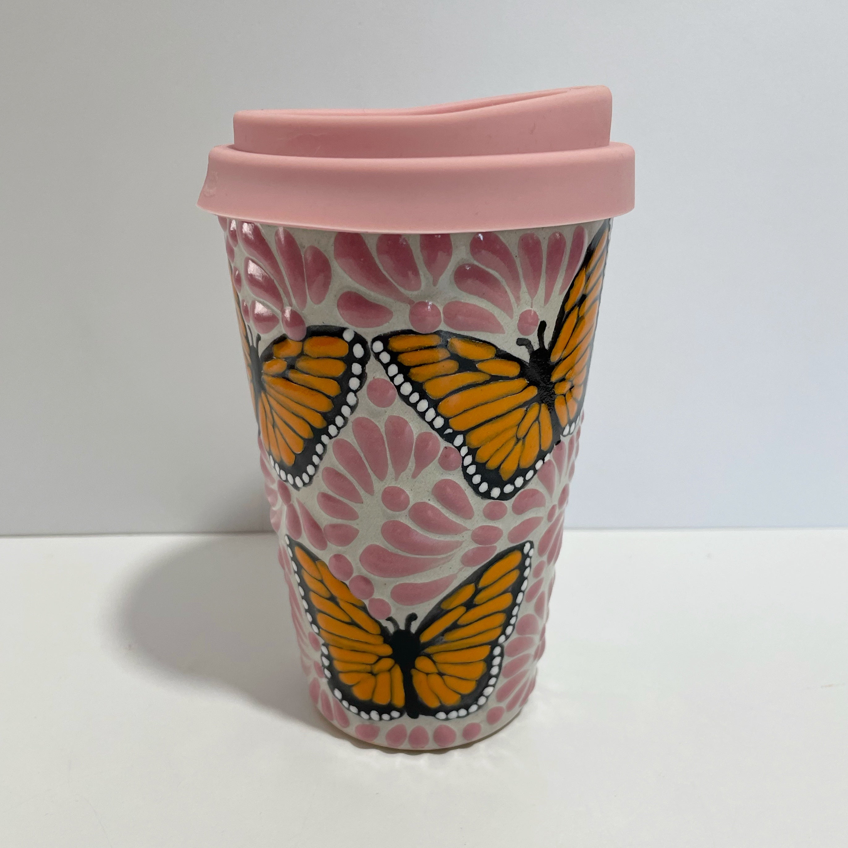 TERMO 15 CM SIN ASA FONDO BLANCO MIK ROSA MARIPOSAS